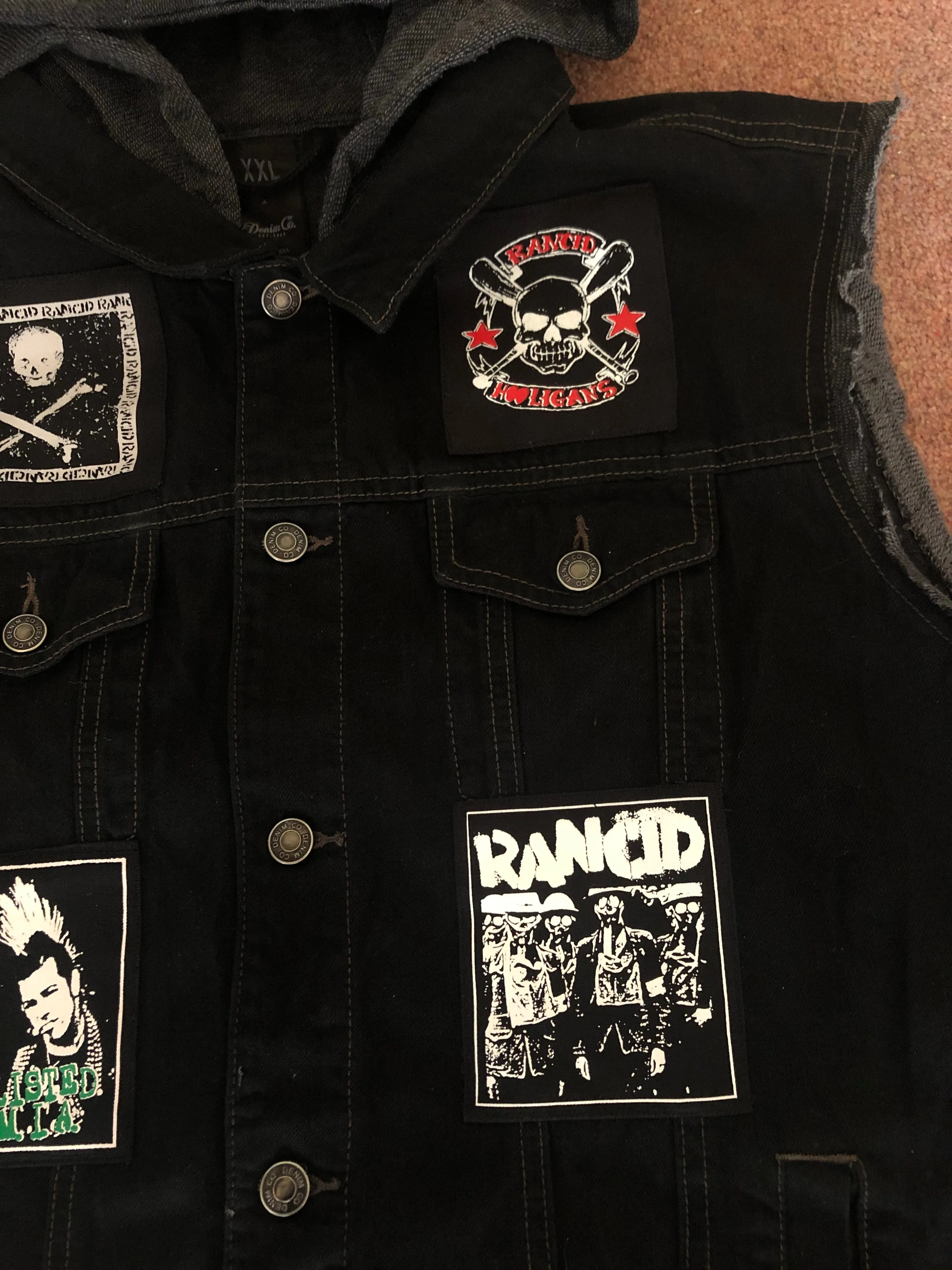 Rancid Punx Hooligans Punk Rock Denim Cut-Off Hooded Battle Jacket