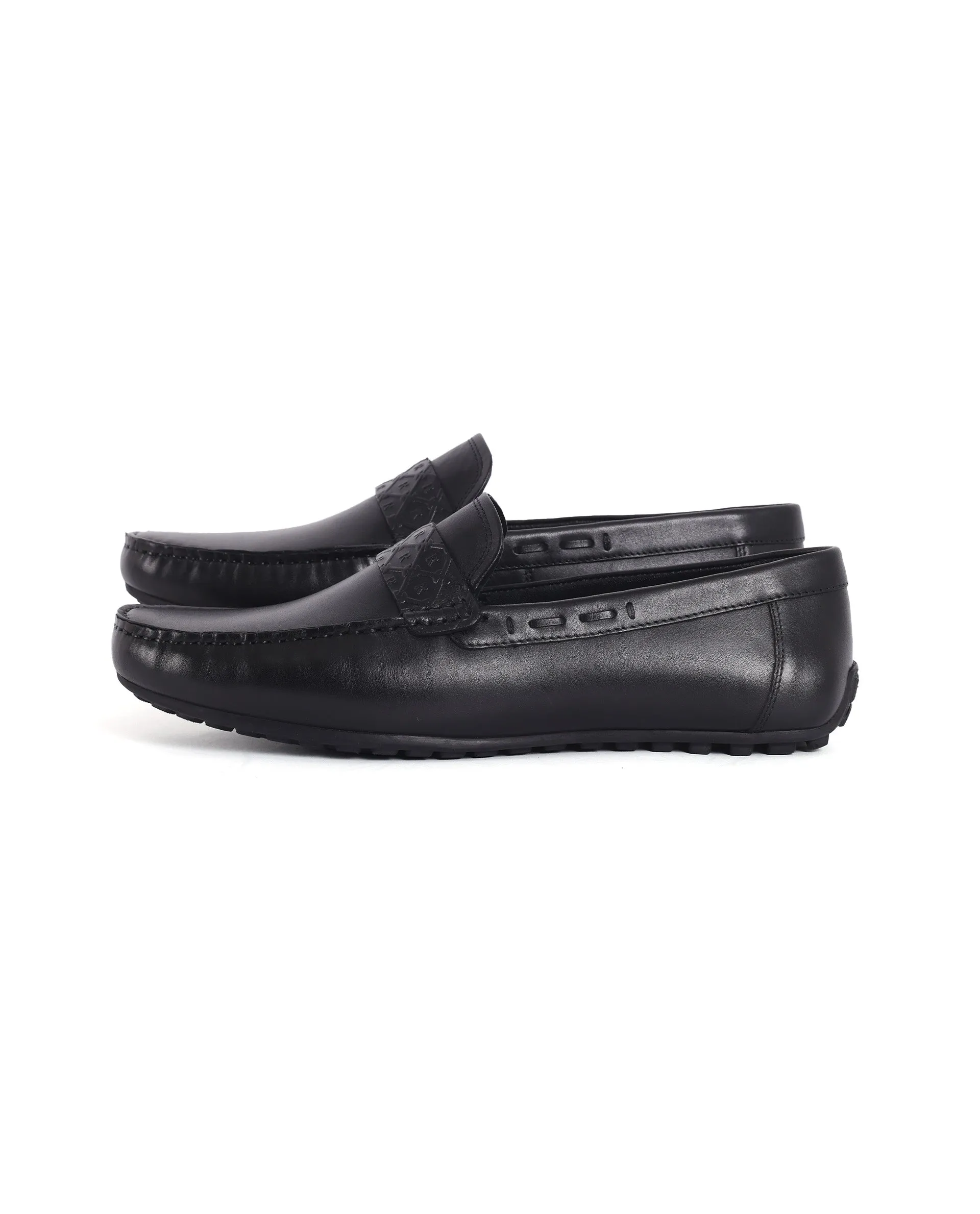 Rare Rabbit Men's Bold Black Slip-On Monotone Genuine Leather Driver Moccasin