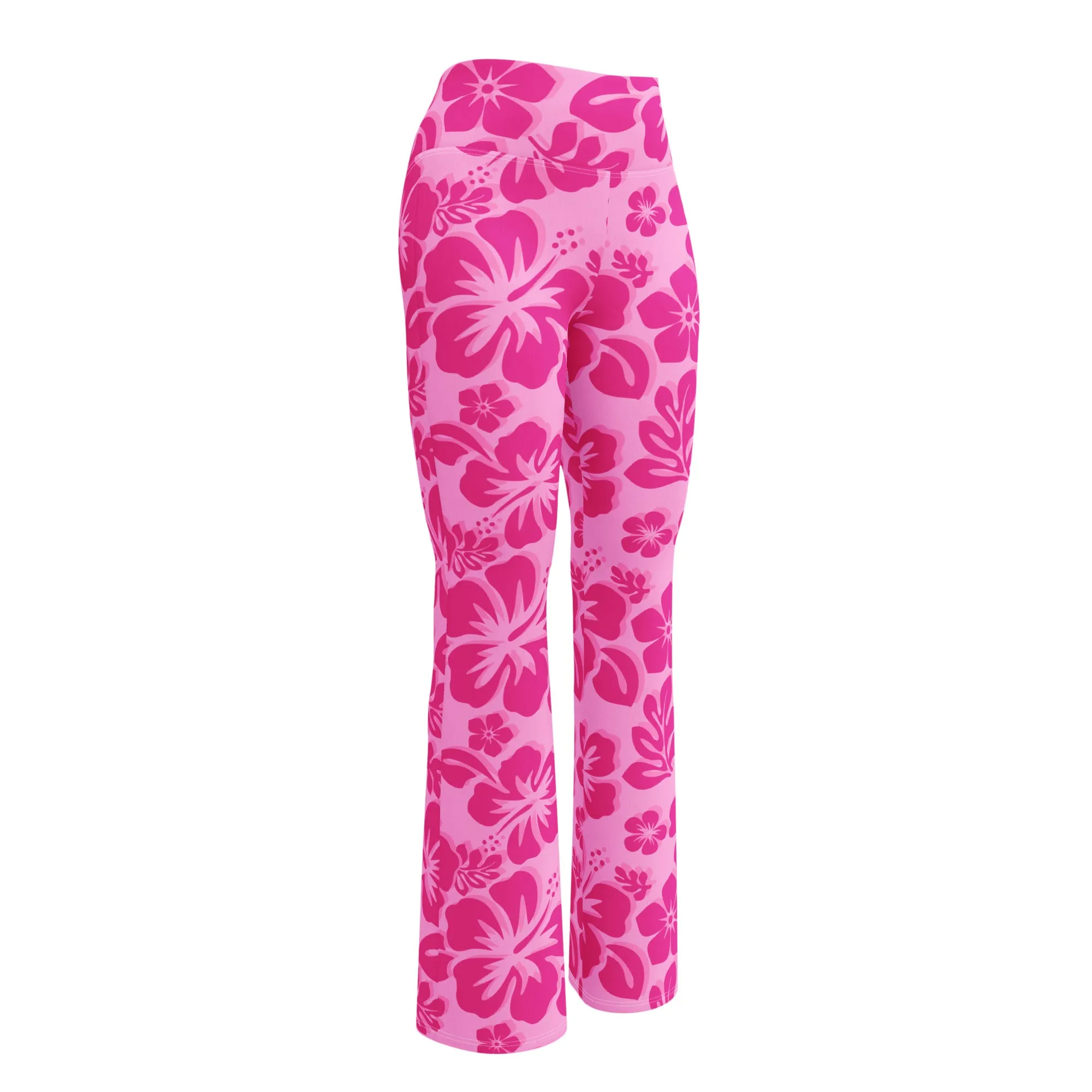 Raspberry Pinks Hawaiian Flowers High Waist Flare Leggings