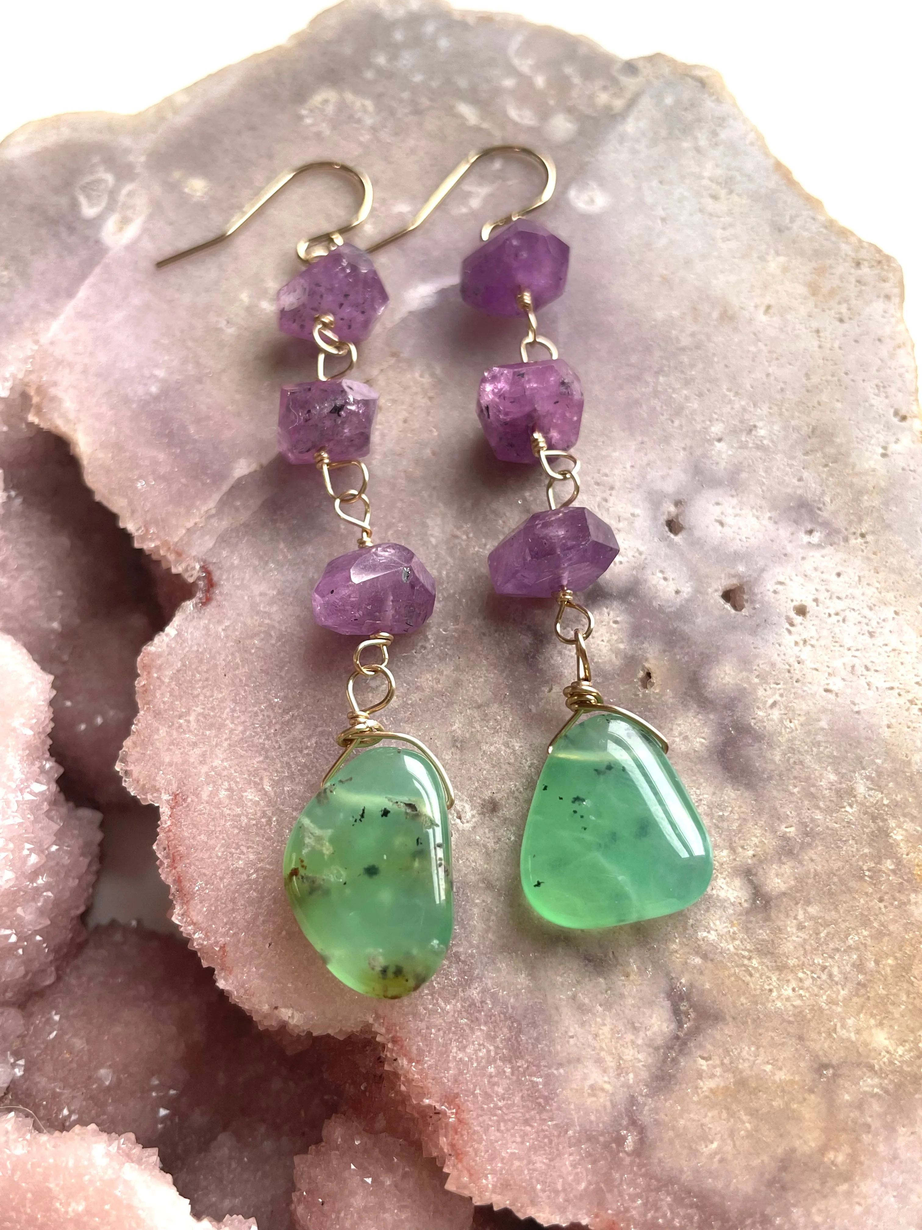 Raw Crystal Dangle Earrings Gold Filled - Pink Sapphire and Chrysoprase