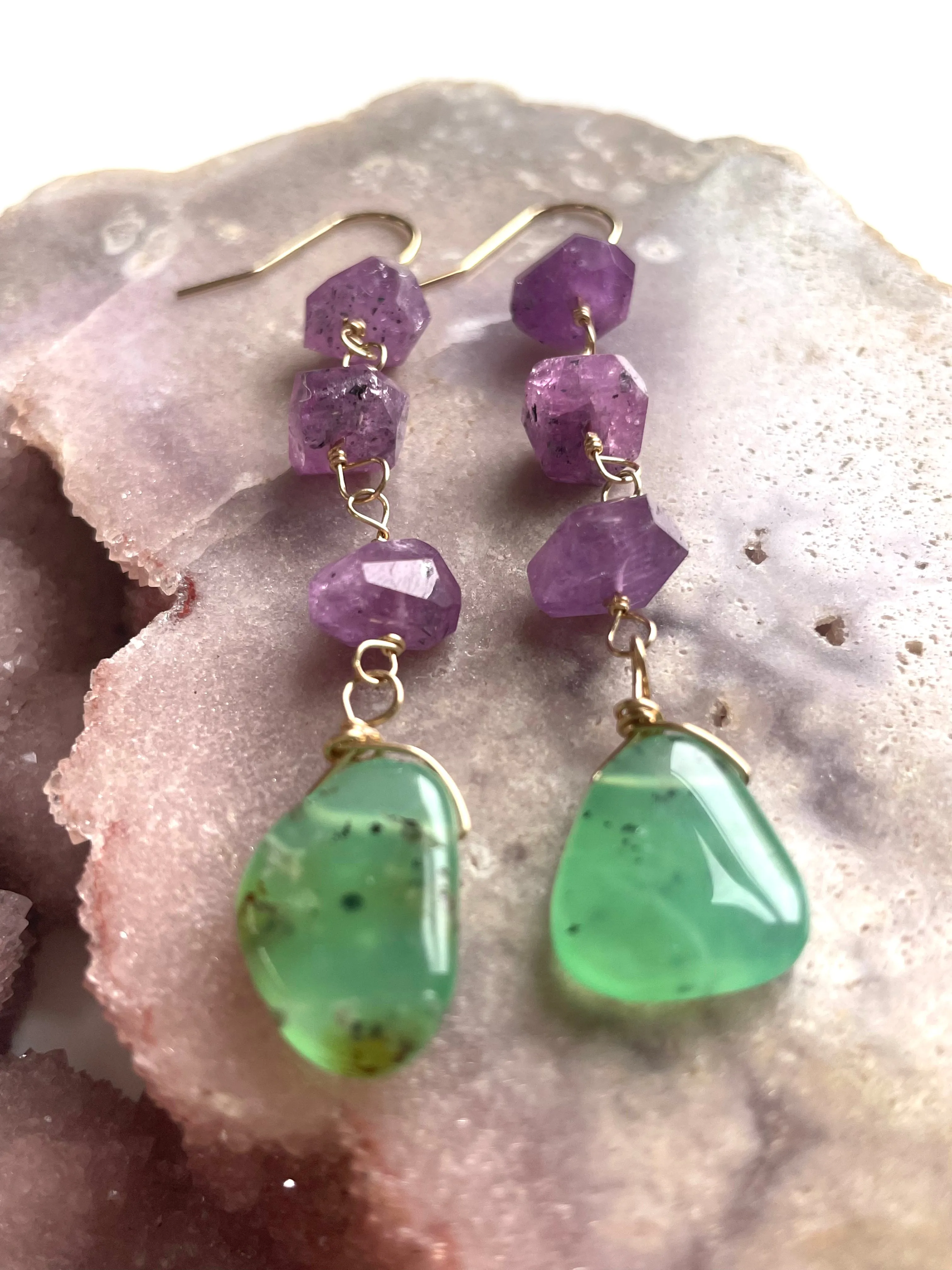 Raw Crystal Dangle Earrings Gold Filled - Pink Sapphire and Chrysoprase