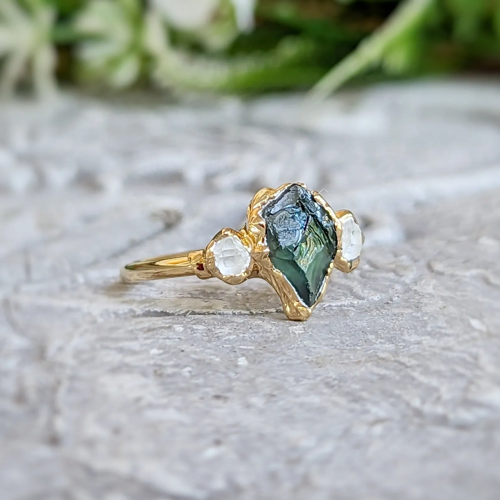 Raw green Sapphire & Herkimer diamond engagement ring