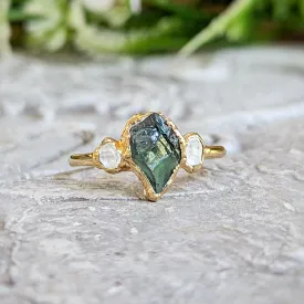 Raw green Sapphire & Herkimer diamond engagement ring