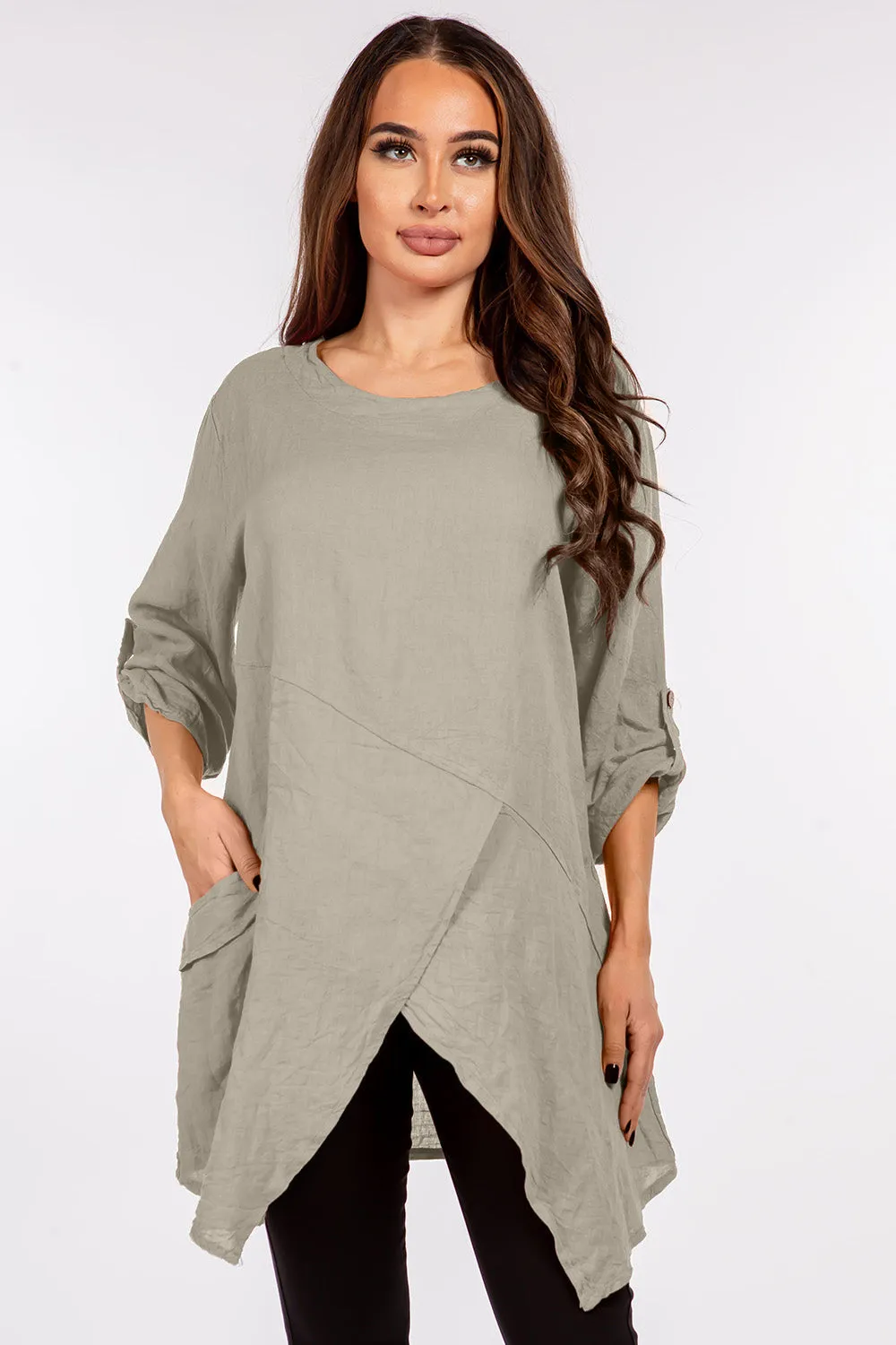 Raw Moda Asymmetric Single Pocket Linen Tunic