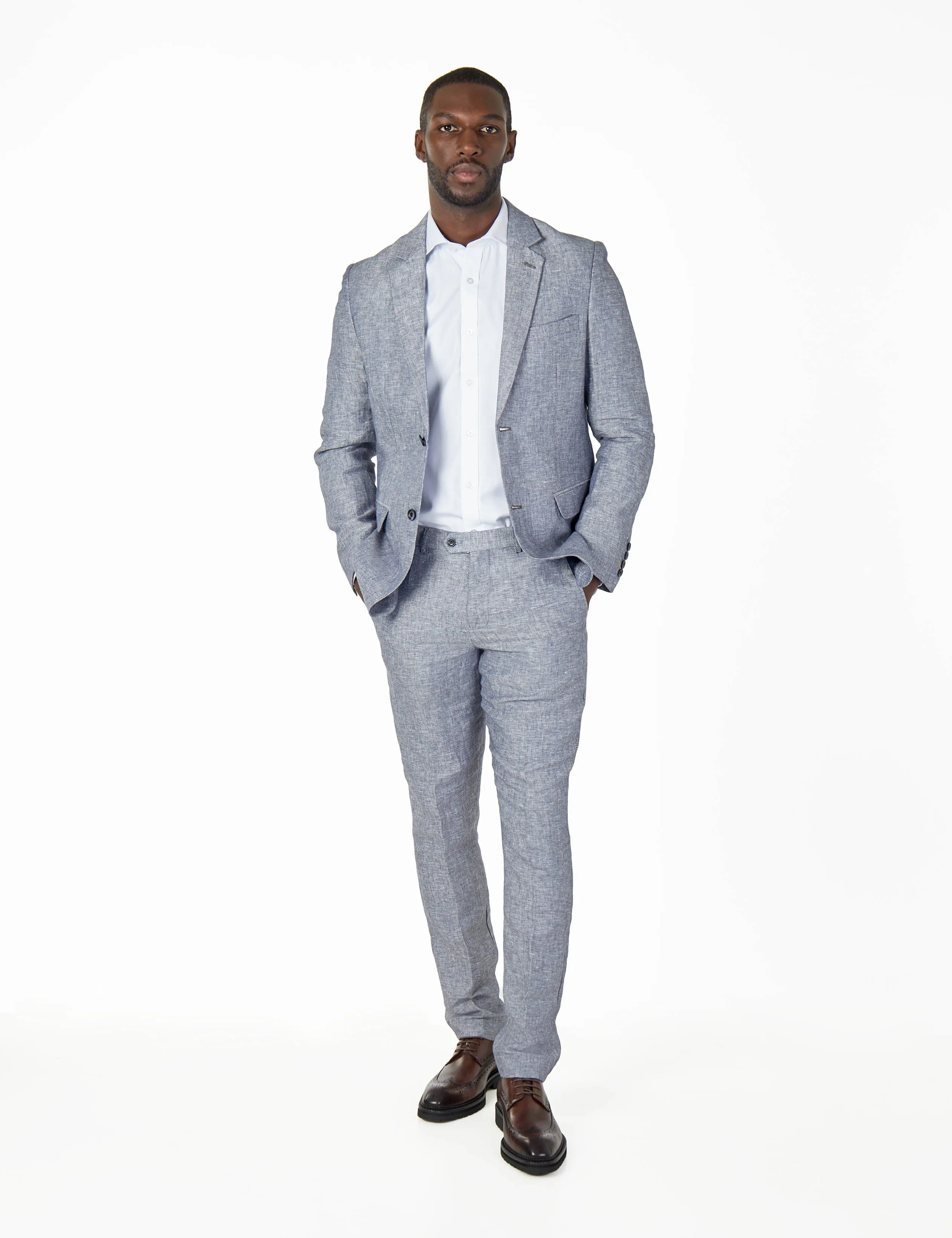 RAY - TAILORED FIT PURE HERRINGBONE LINEN GREY BLUE SUMMER SUIT