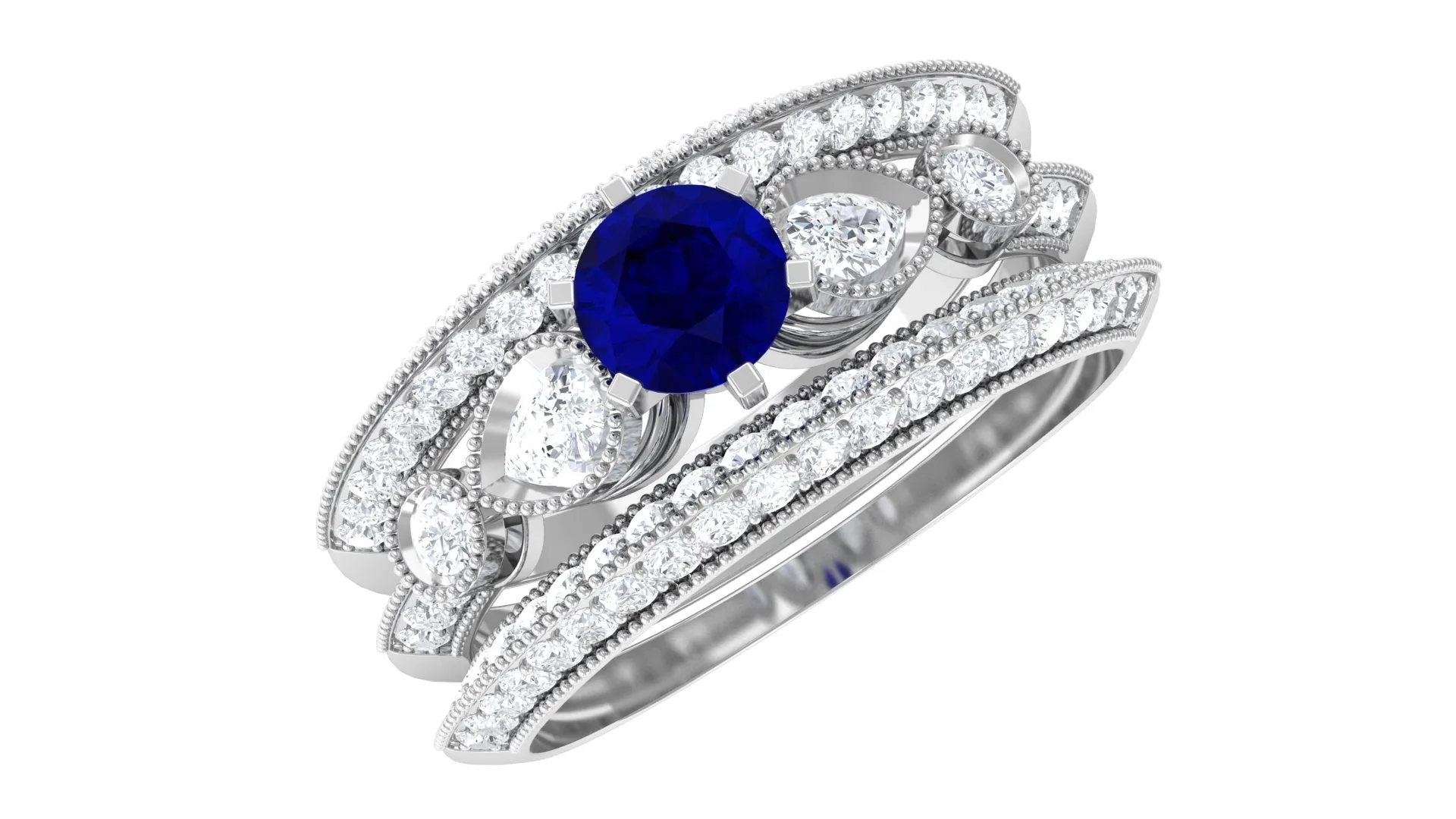 Real Blue Sapphire and Diamond Bridal Ring Set with Beaded Details