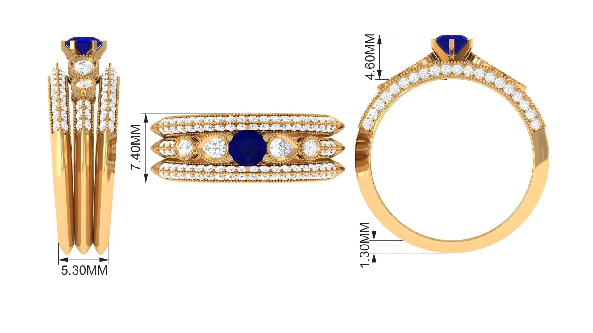 Real Blue Sapphire and Diamond Bridal Ring Set with Beaded Details