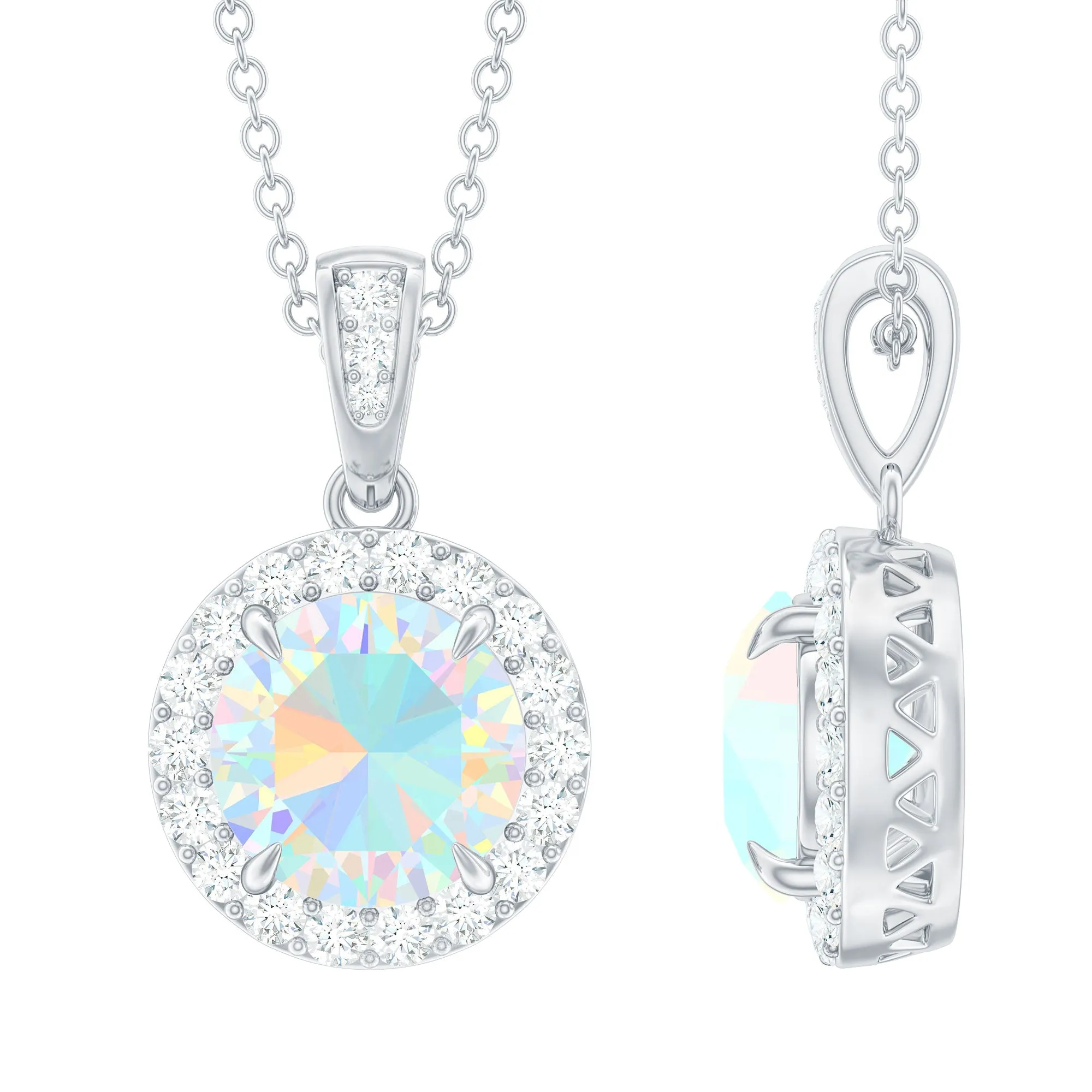 Real Ethiopian Opal and Moissanite Halo Pendant Necklace in Silver