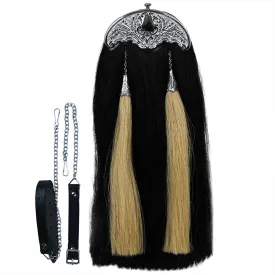 Real Horse Hair Sporran Black with White Long Hair Two Tassels