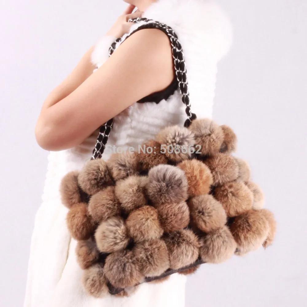 Real Rabbit Fur Ball Bag Handbag Lovely Side Bag Women Purse Totes SMALL Size 20*28 Good Choice for Chirstmas Gift FS040102