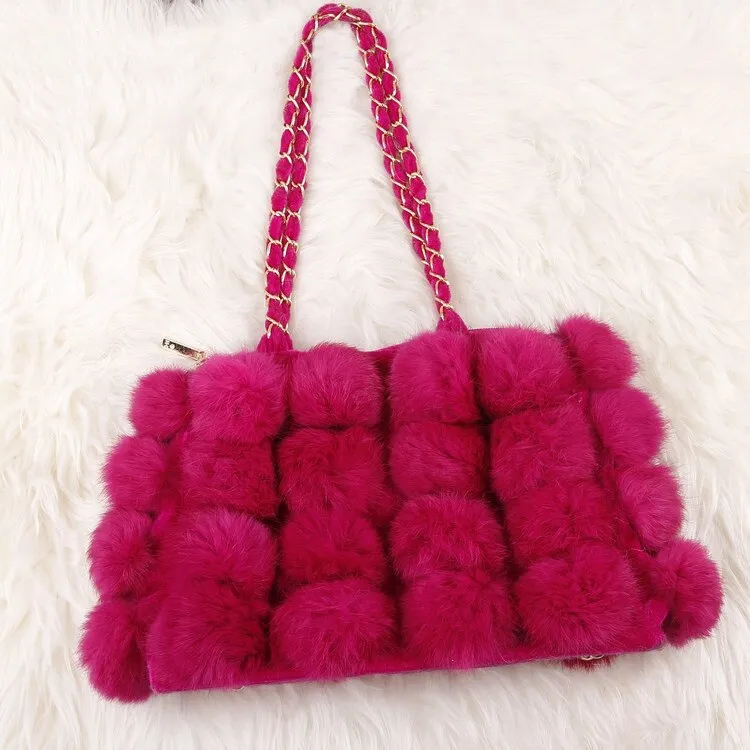 Real Rabbit Fur Ball Bag Handbag Lovely Side Bag Women Purse Totes SMALL Size 20*28 Good Choice for Chirstmas Gift FS040102