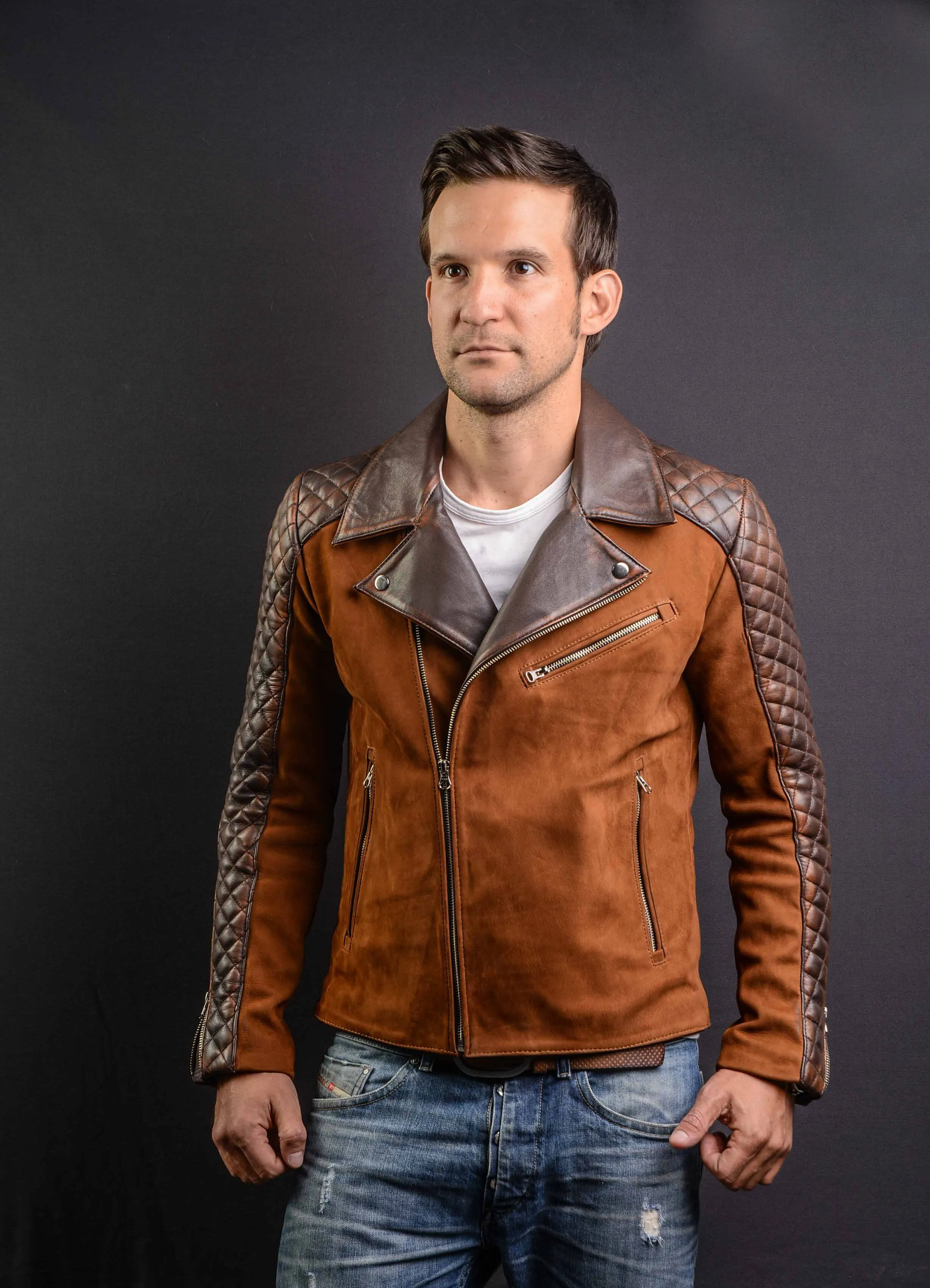 REBEL CR Leather Jacket Cafe Nubuck Brown quilted