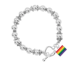 Rectangle Rainbow LGBTQ Pride Flag Charm Silver Beaded Bracelets