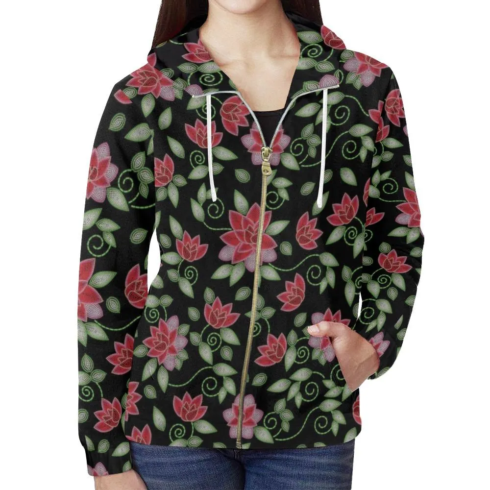 Red Beaded Rose Full Zip Hoodie for Women