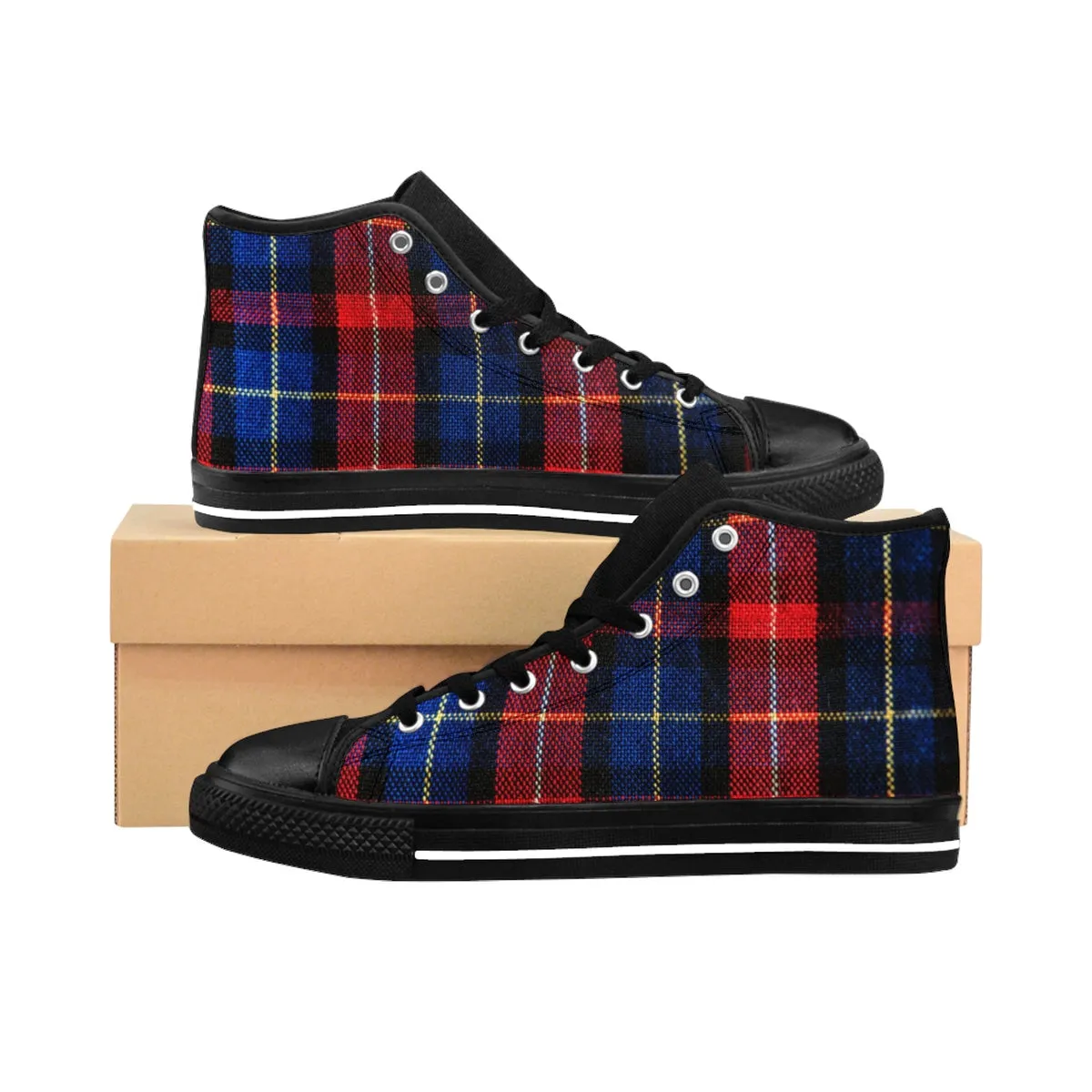 Red Blue Plaid Men's High Tops, Tartan Classic Print High Top Sneakers Tennis Fashion Shoes