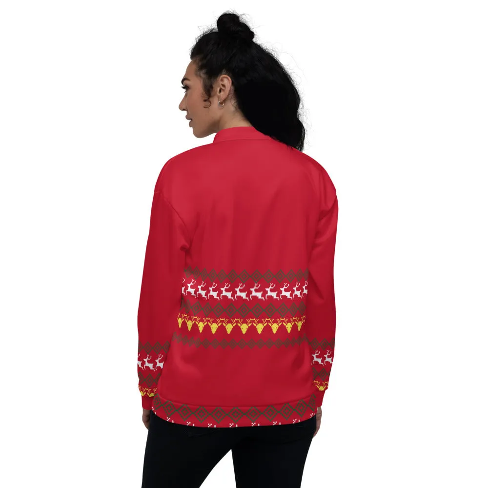 Red Christmas Unisex Bomber Jacket, Red Modern Christmas Themed Fleece Jacket-Made in EU