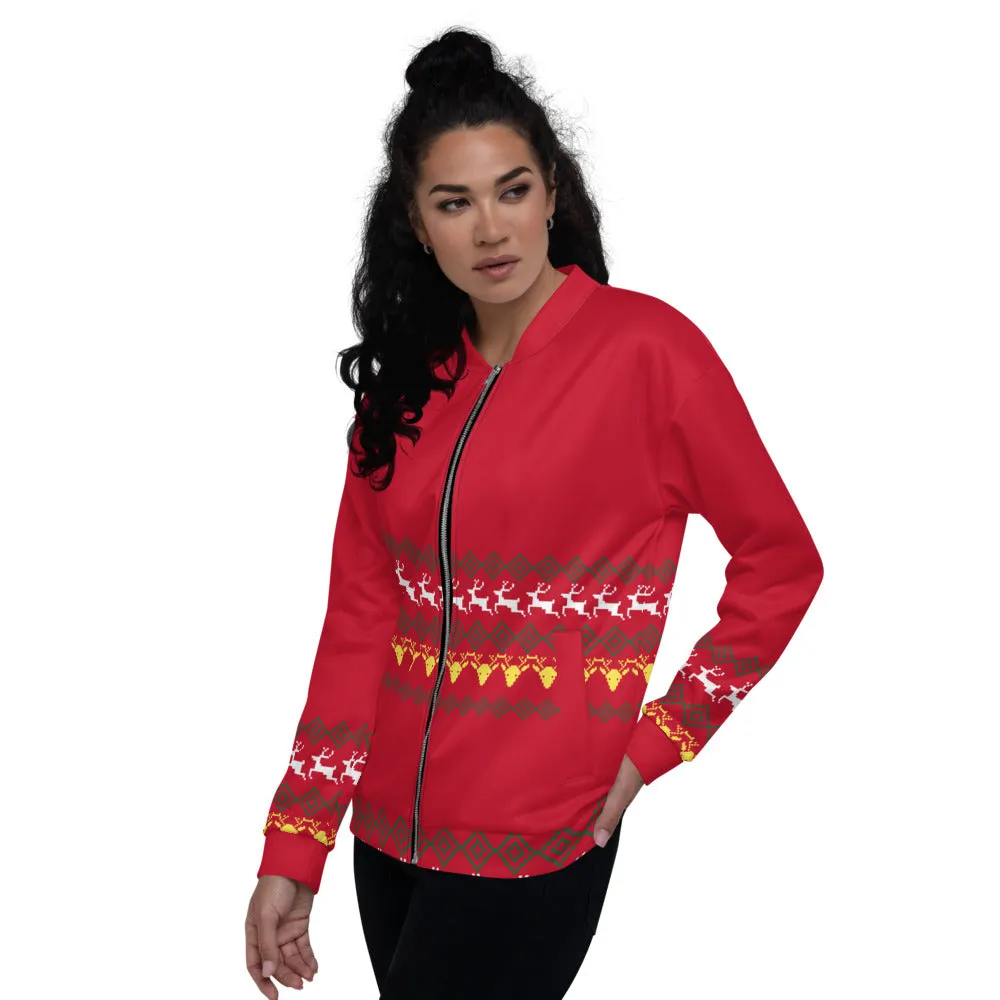 Red Christmas Unisex Bomber Jacket, Red Modern Christmas Themed Fleece Jacket-Made in EU