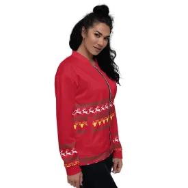 Red Christmas Unisex Bomber Jacket, Red Modern Christmas Themed Fleece Jacket-Made in EU