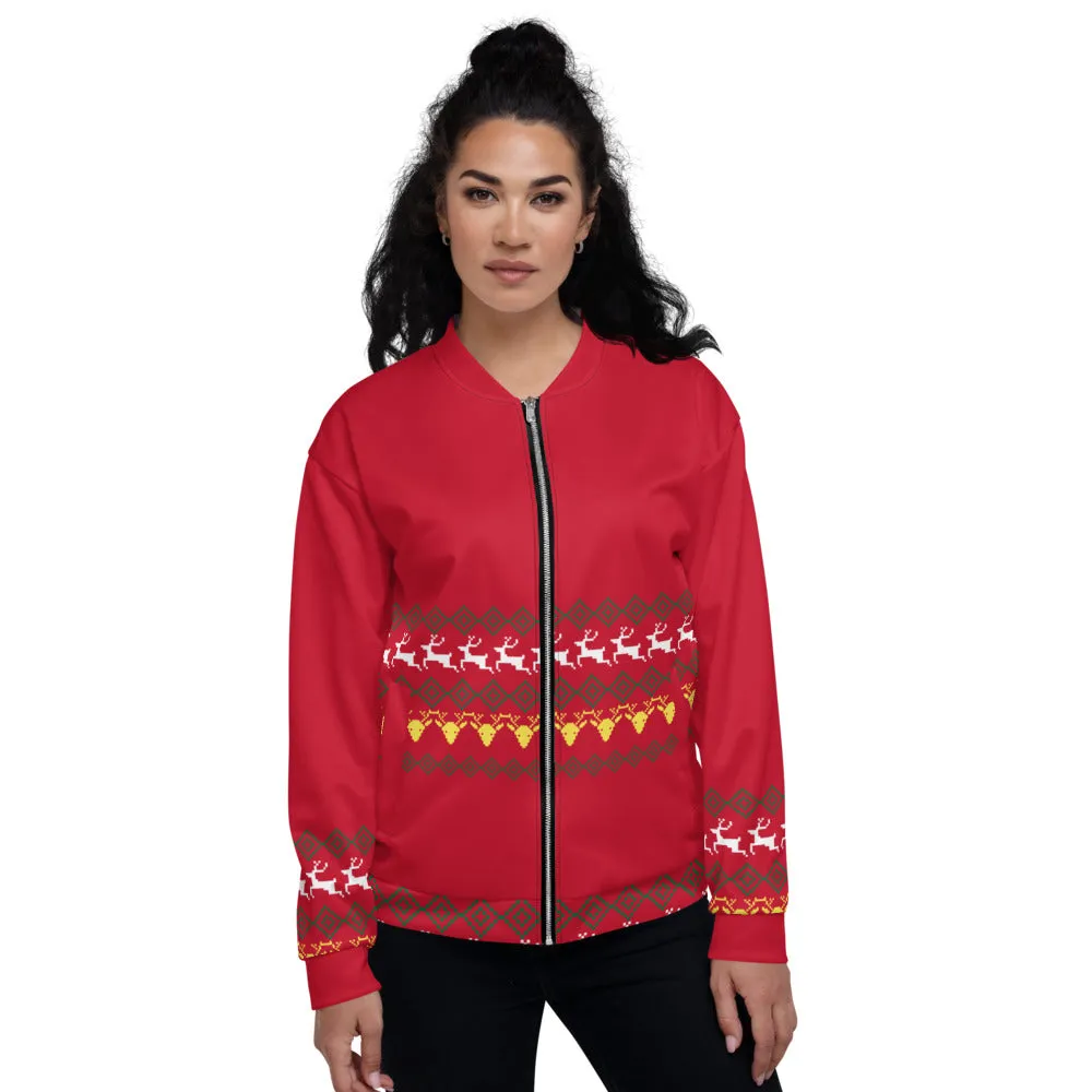 Red Christmas Unisex Bomber Jacket, Red Modern Christmas Themed Fleece Jacket-Made in EU