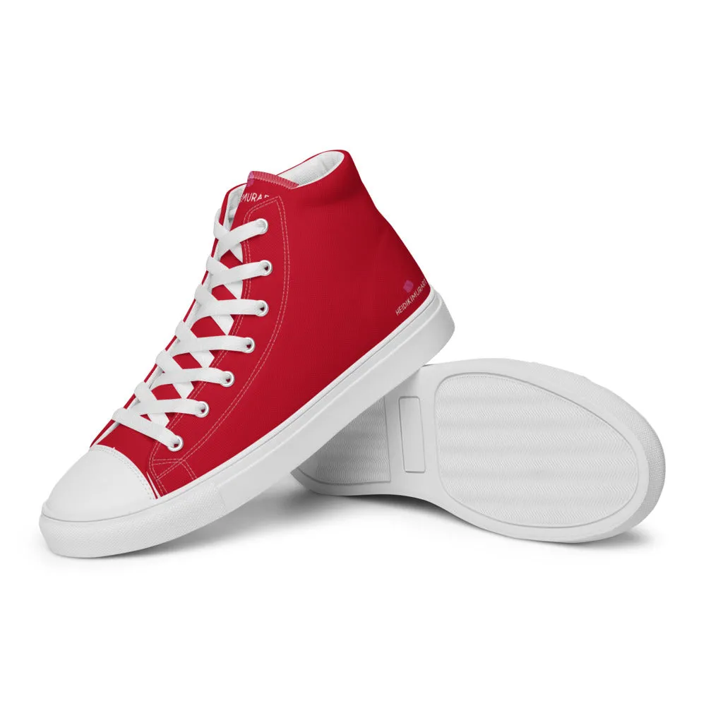 Red Color Men's High Tops, Solid Red Color Men’s High Top Sneakers Canvas Tennis Shoes With White Laces and Faux Leather Toe Caps (US Size: 5-13)