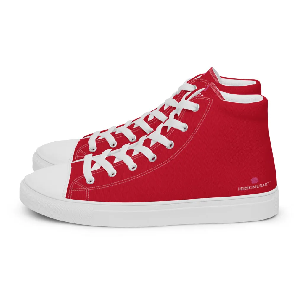 Red Color Men's High Tops, Solid Red Color Men’s High Top Sneakers Canvas Tennis Shoes With White Laces and Faux Leather Toe Caps (US Size: 5-13)