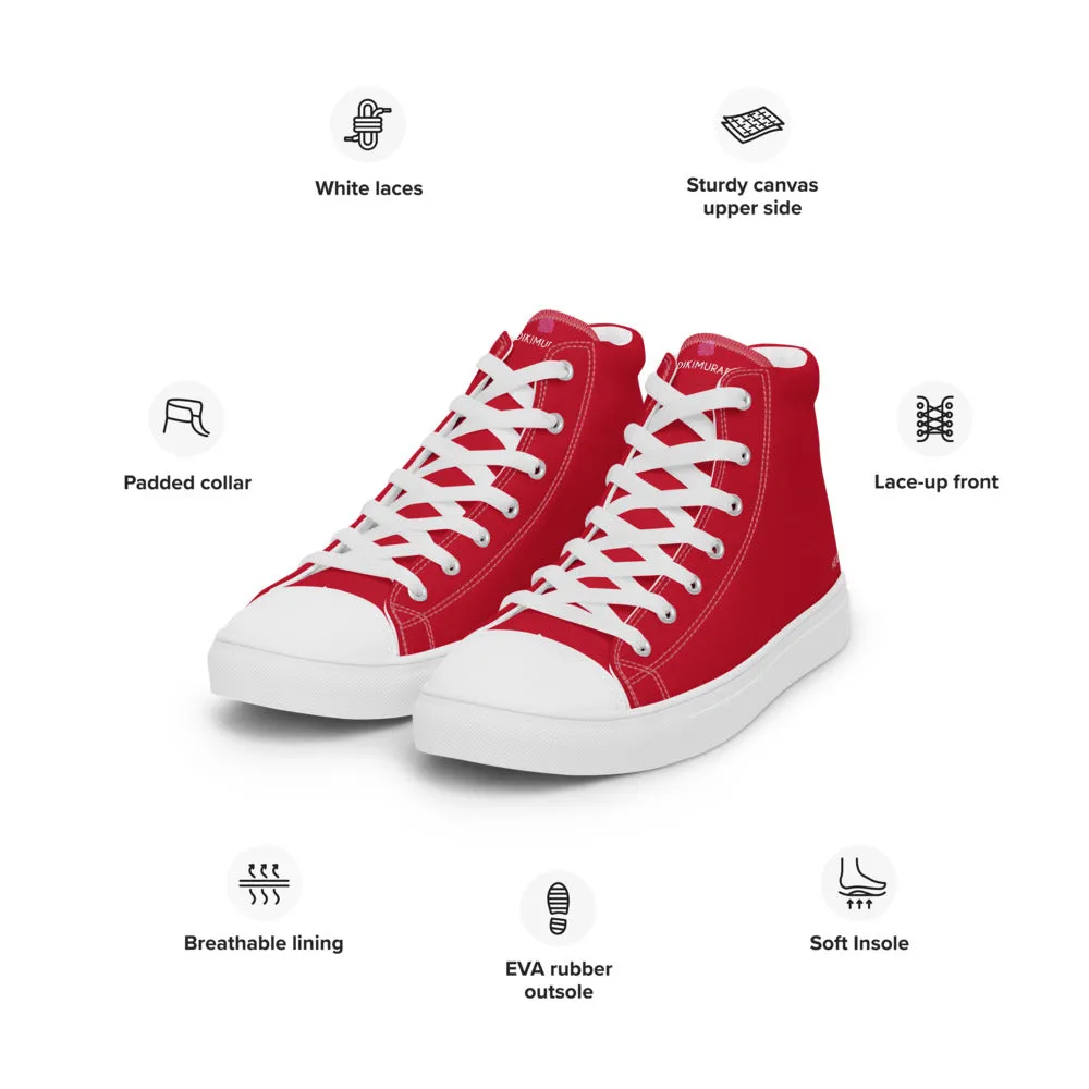 Red Color Men's High Tops, Solid Red Color Men’s High Top Sneakers Canvas Tennis Shoes With White Laces and Faux Leather Toe Caps (US Size: 5-13)