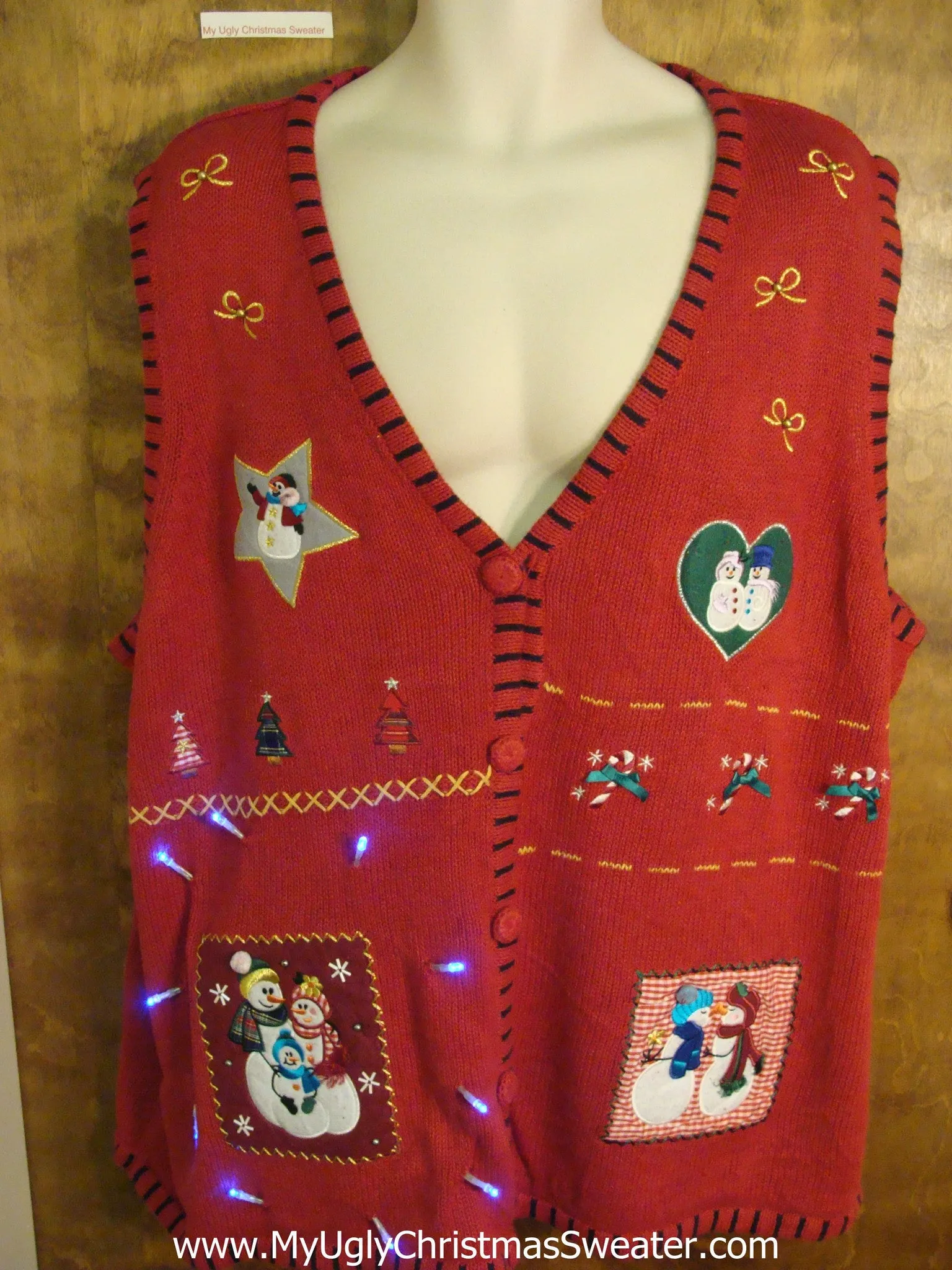 Red Crafty Embroidery Light Up Ugly Xmas Sweater Vest