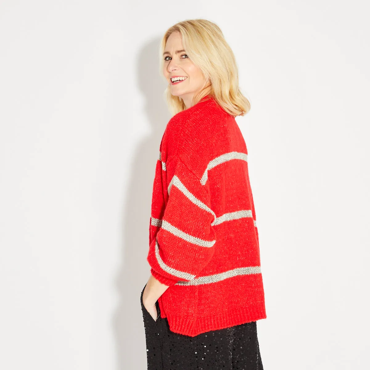 Red Disco Cardigan With Metallic Stripe - ONE SIZE