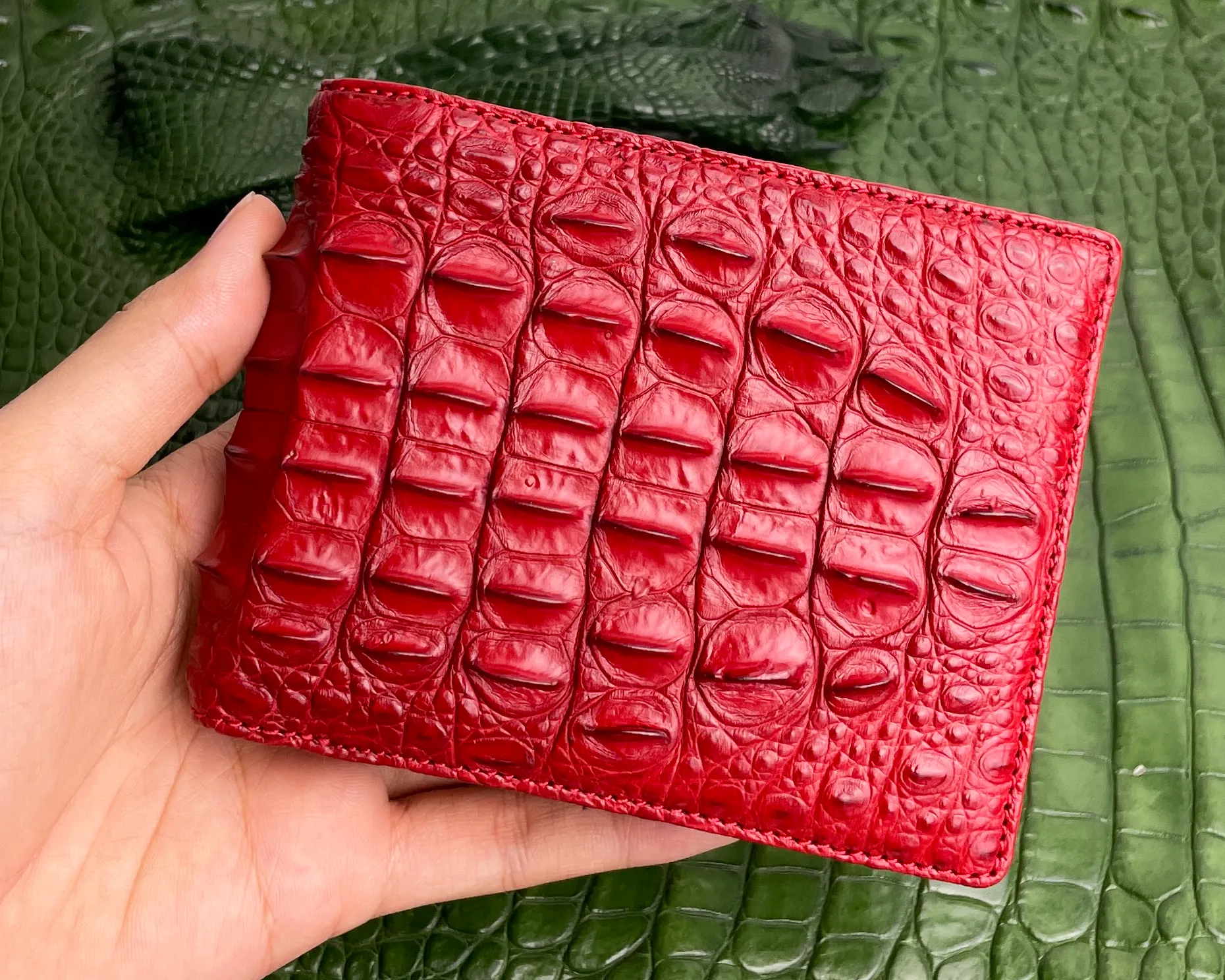 Red Double Side Alligator Hornback Leather Bifold Wallet For Men | Handmade Crocodile Wallet RFID Blocking | VINAM-102