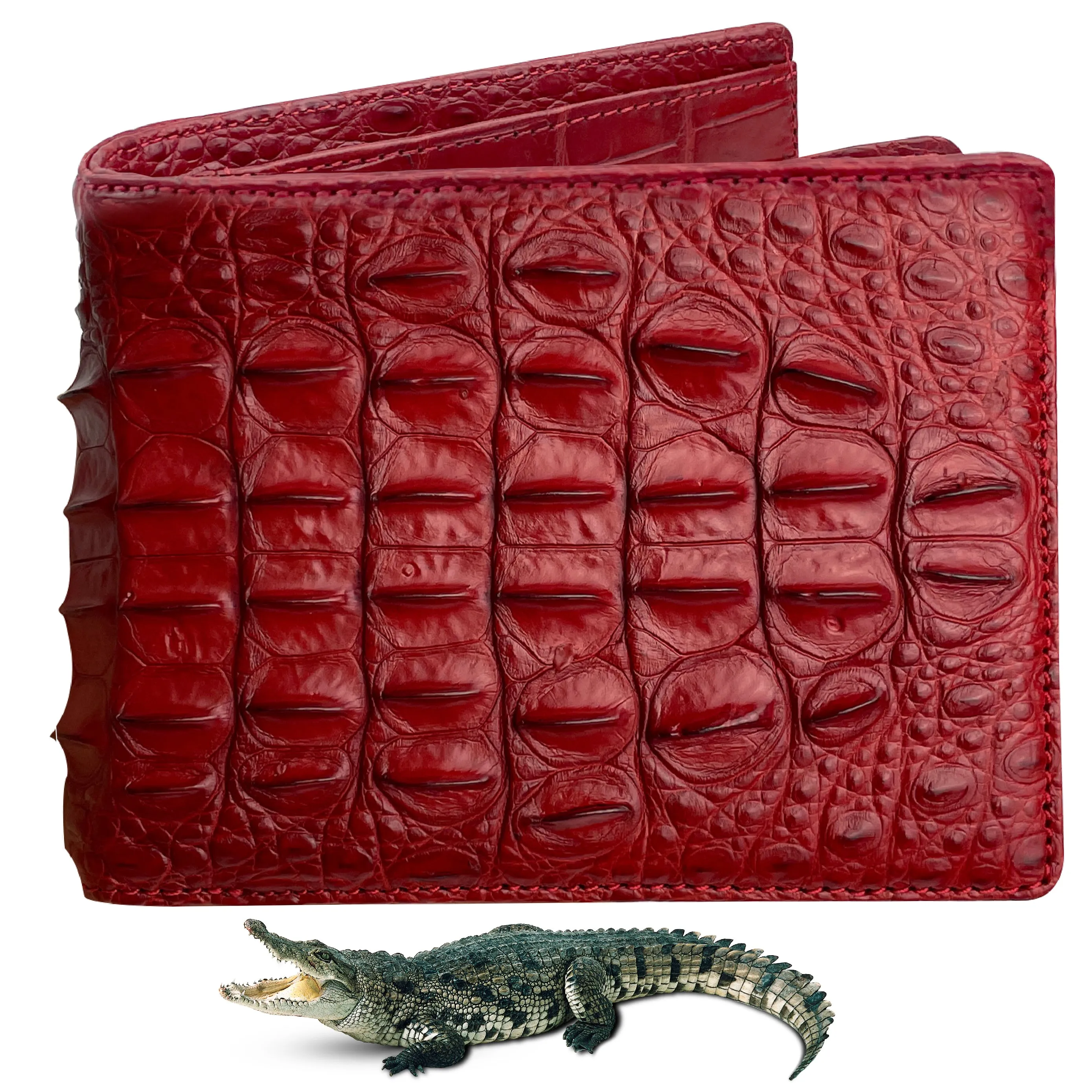 Red Double Side Alligator Hornback Leather Bifold Wallet For Men | Handmade Crocodile Wallet RFID Blocking | VINAM-102