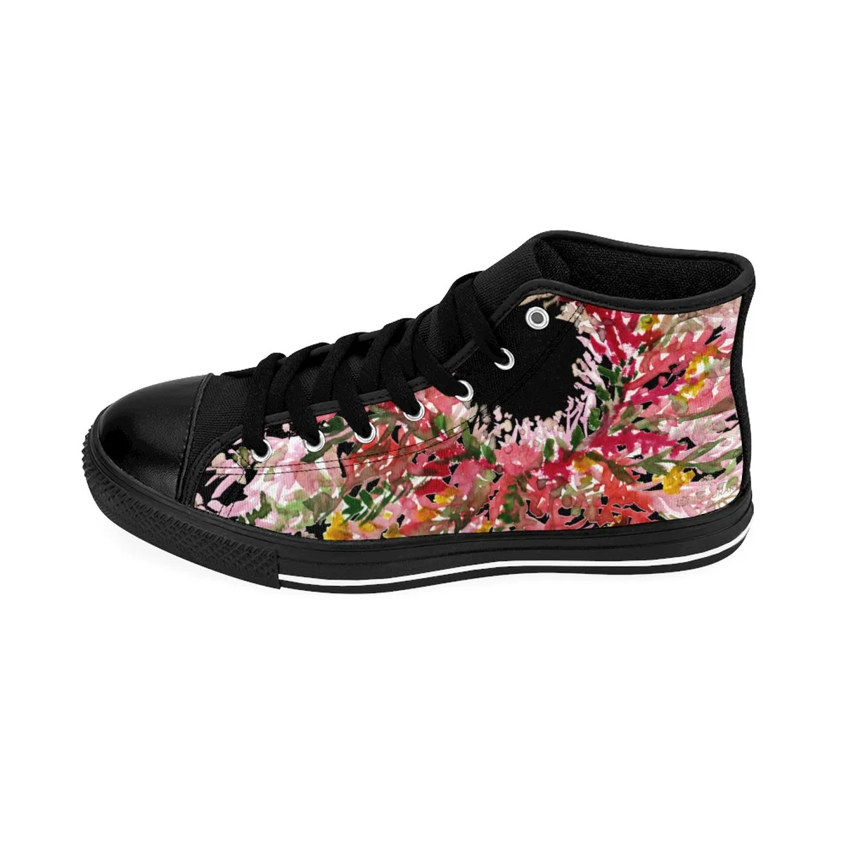 Red Floral Men's High Tops, Black Red Fall Themed Designer Men's High Top Tennis Shoes