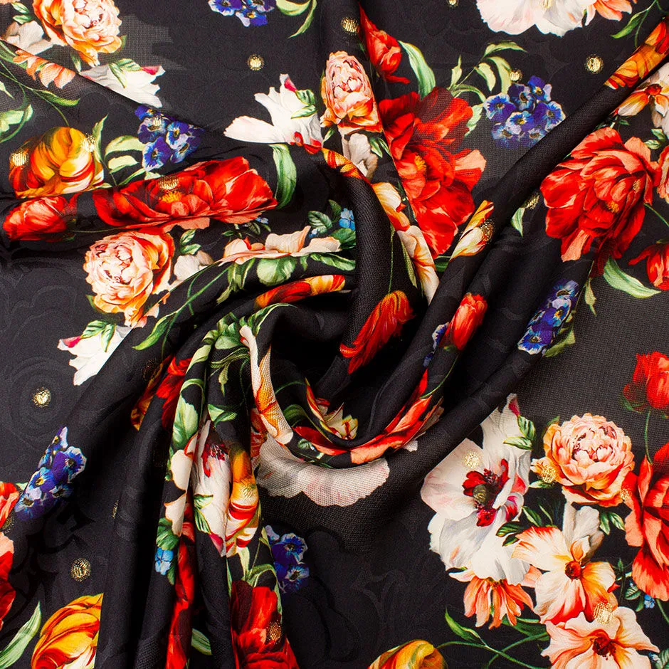 Red Floral Printed Midnight Blue Silk Jacquard & Lamé