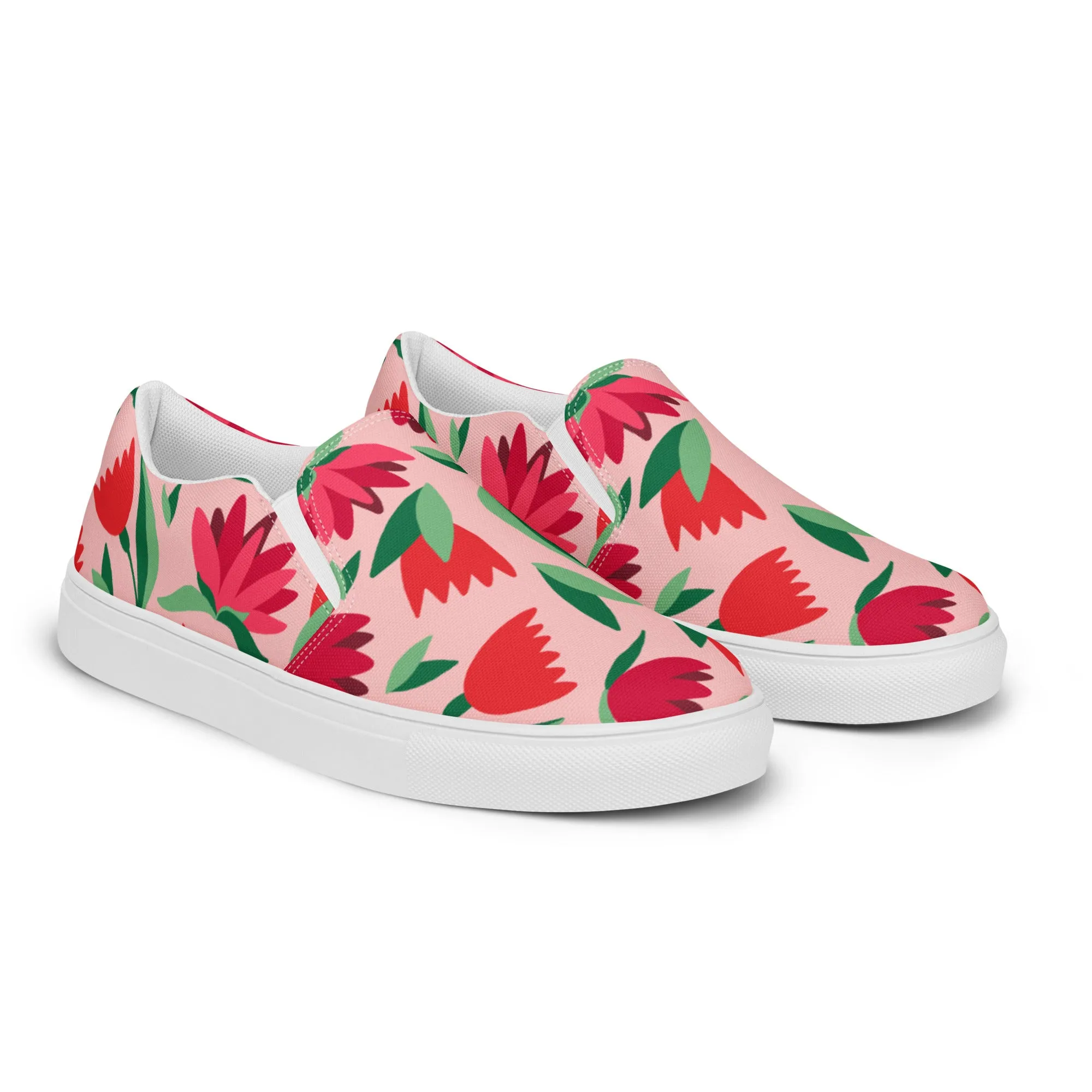 Red Floral Women's Sneakers, Pink Girlie Flower Print Women’s Slip-On Canvas Shoes (US Size: 5-12)