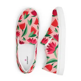 Red Floral Women's Sneakers, Pink Girlie Flower Print Women’s Slip-On Canvas Shoes (US Size: 5-12)