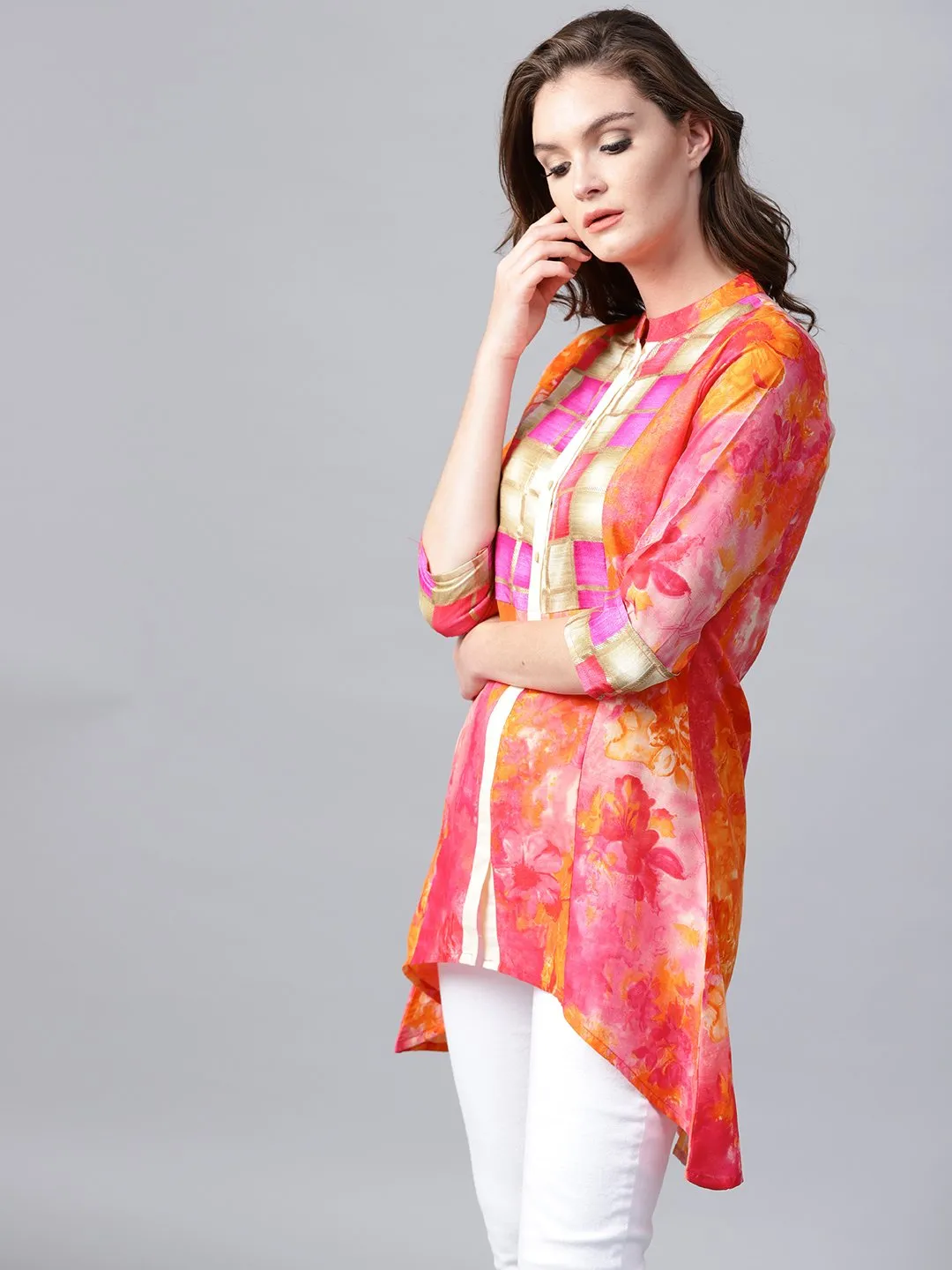 Red Foil Printed 3/4Th Sleeve Cotton Tunic