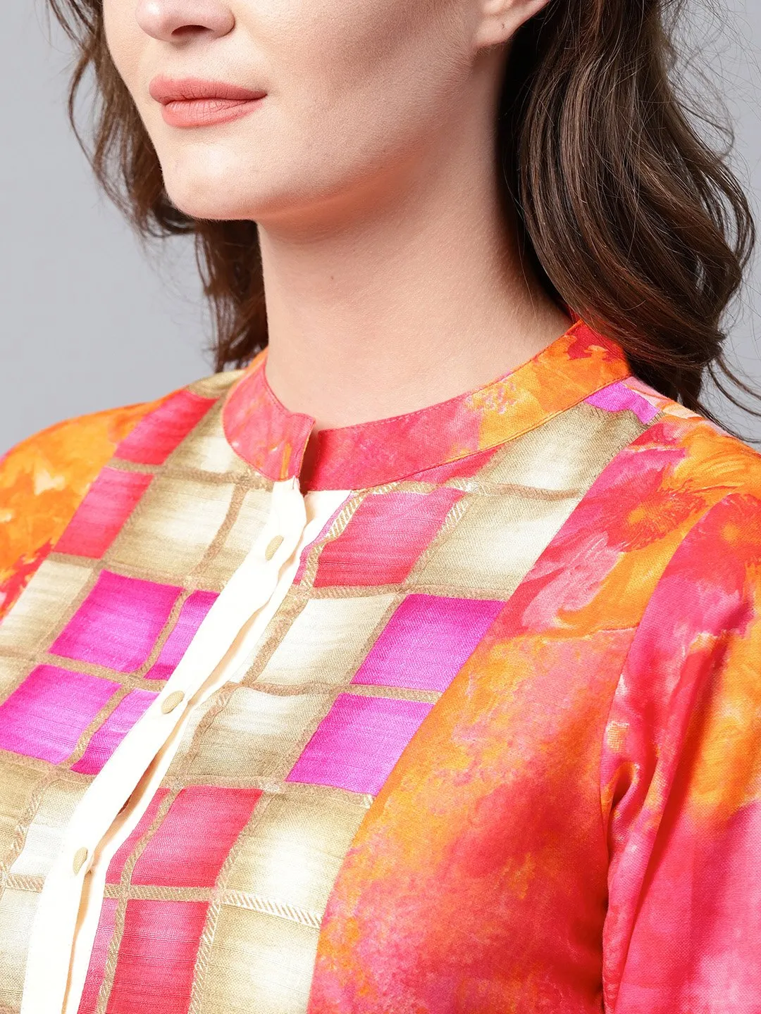 Red Foil Printed 3/4Th Sleeve Cotton Tunic