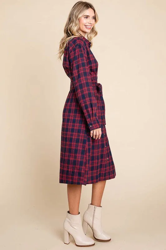 Red Long Sleeve Plaid Belted Flannel Shirt Dress