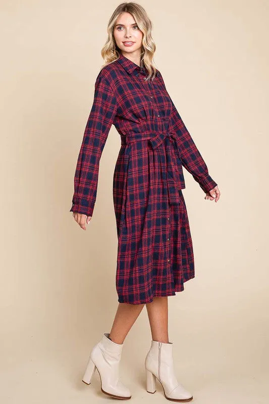 Red Long Sleeve Plaid Belted Flannel Shirt Dress