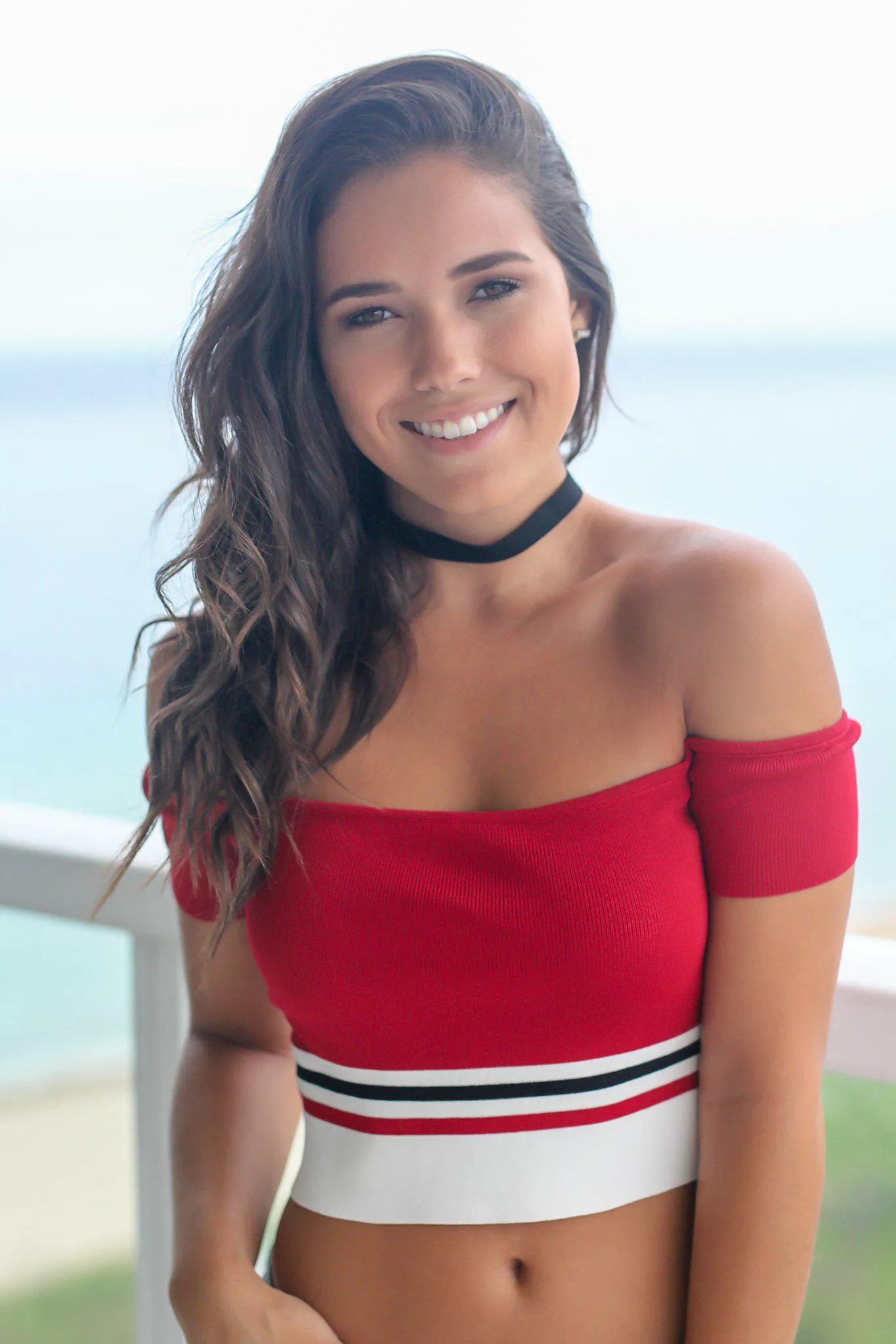 Red Striped Off Shoulder Crop Top