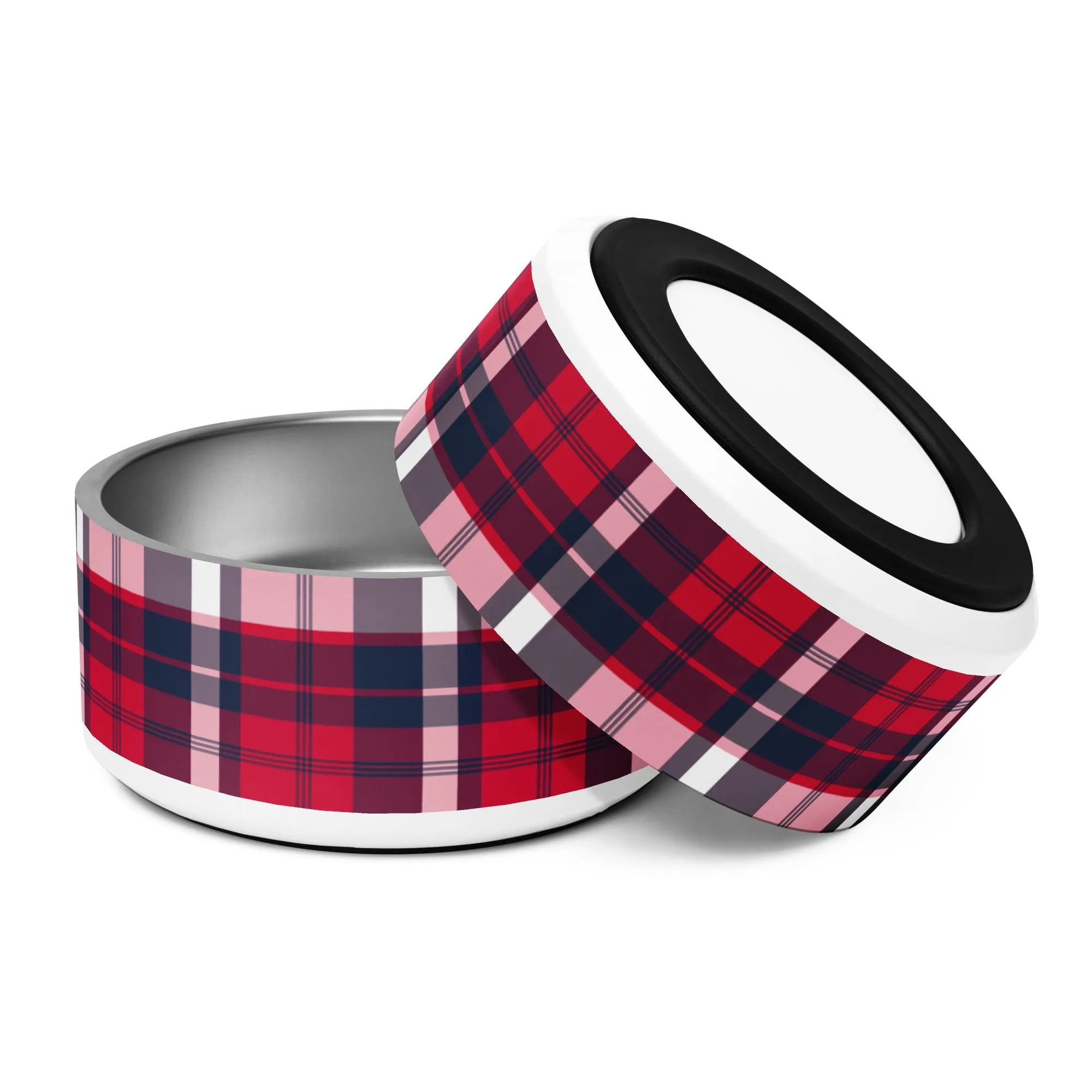 Red, White and Navy Blue Preppy Plaid Pet Bowl