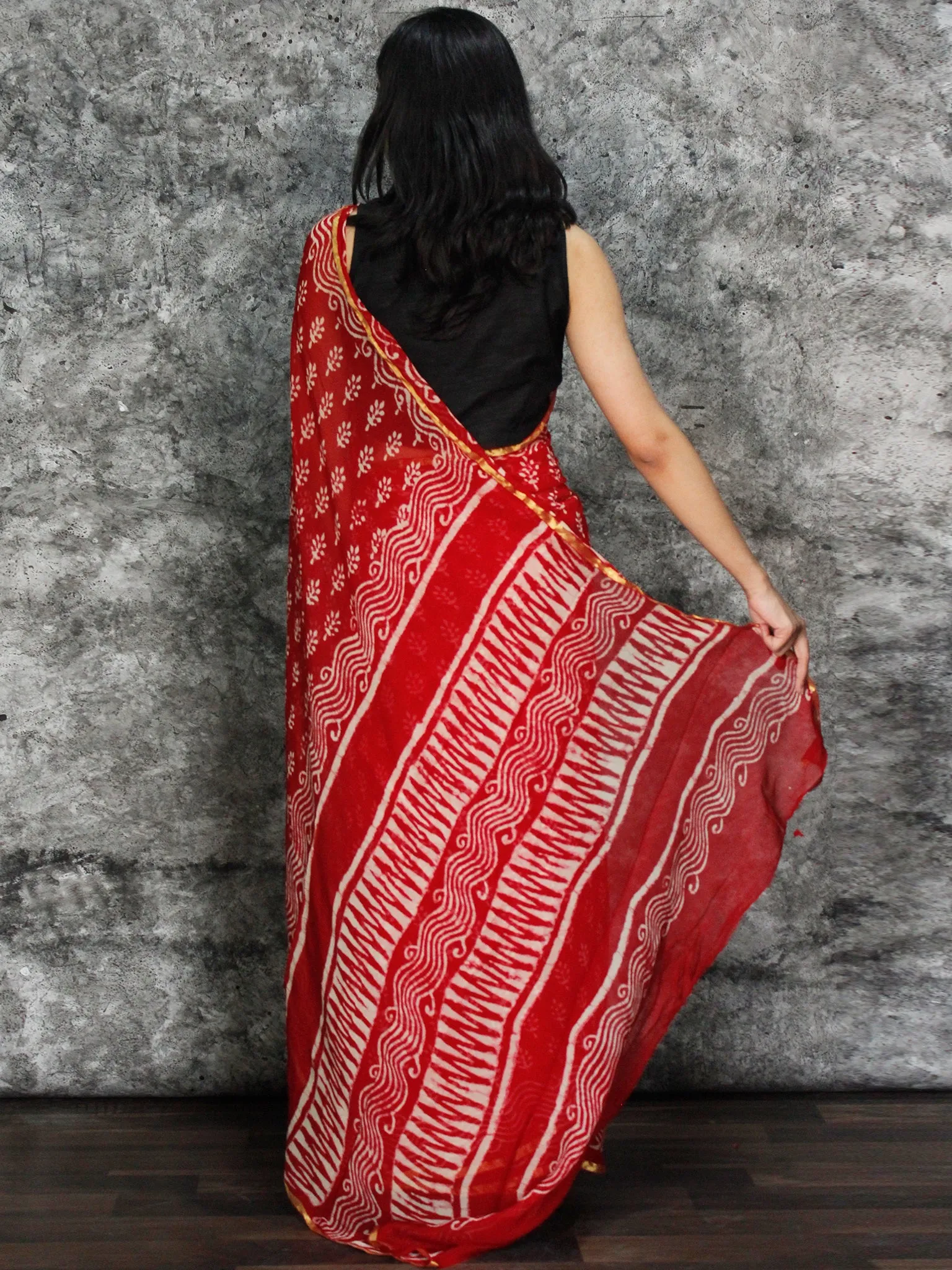 Red White Hand Block Printed Chiffon Saree with Zari Border - S031703125