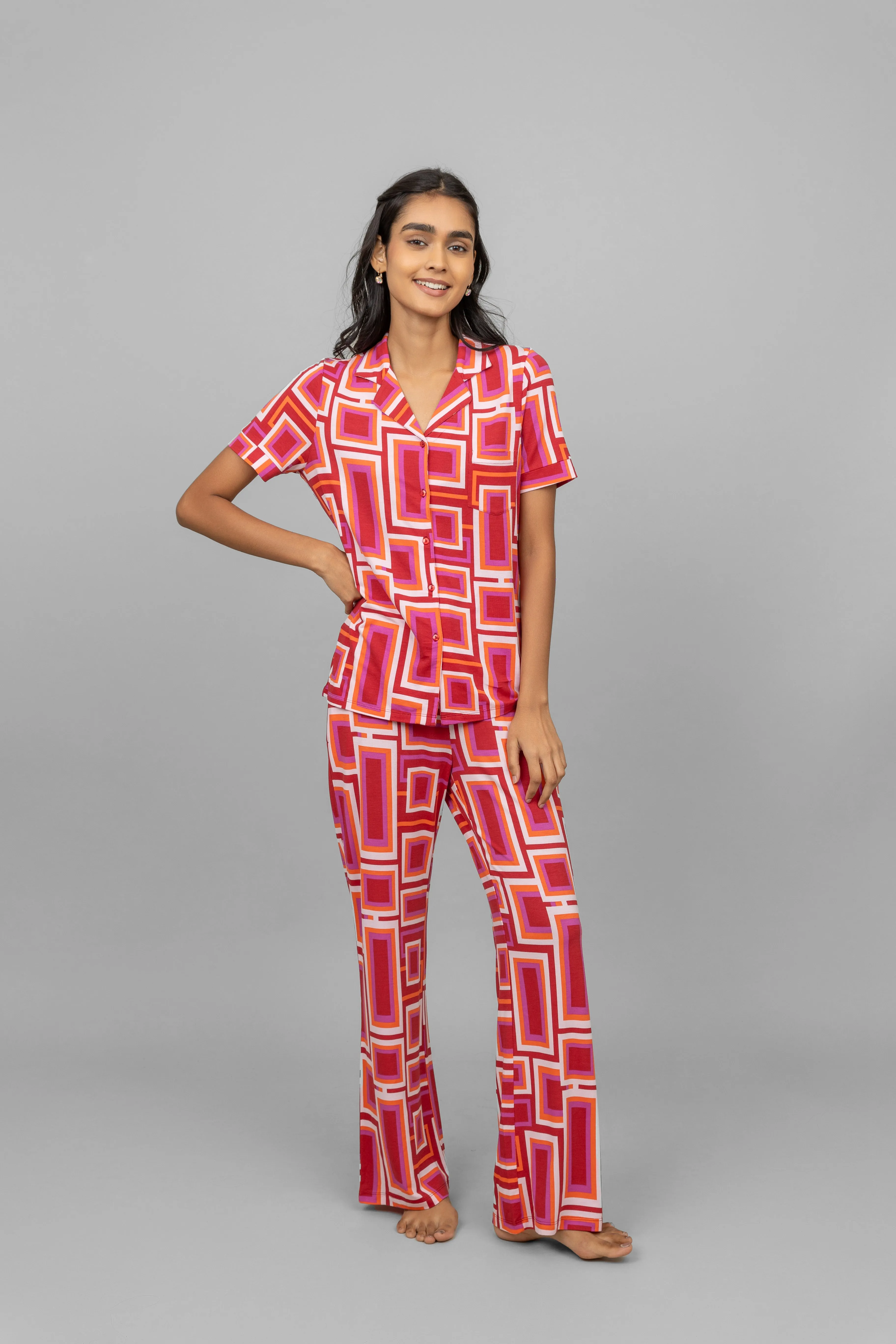 Red Zen Half Sleeves Button Down Pajama Set