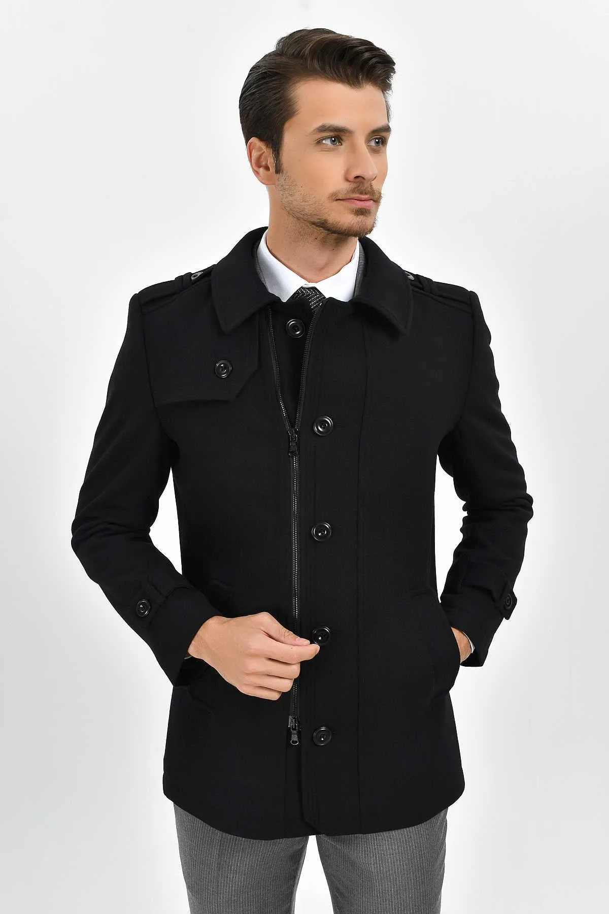 Regular Fit Cachet Flat Collar Wool Blend Black Coat