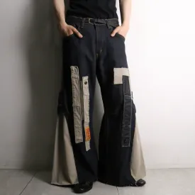 remake "再構築" beige×black docking wide flare denim