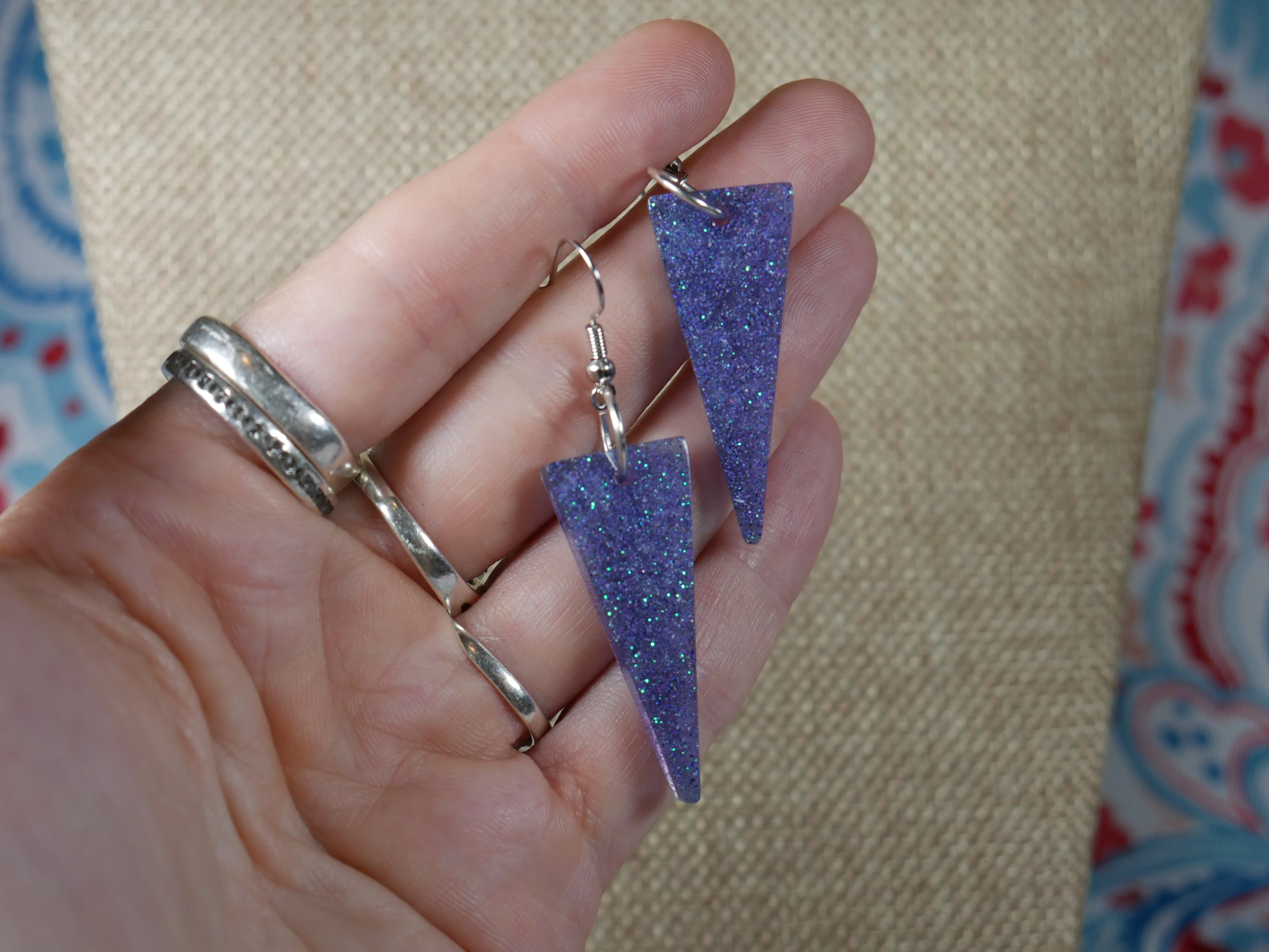 Resin Sparkly Blue Triangular Shaped Earrings