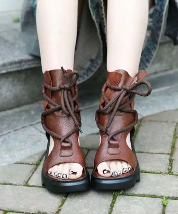 Retro Brown Peep Toe Lace Up Splicing Platform Boots