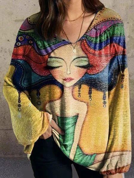 Retro cartoon pattern loose long-sleeved round neck women's T-shirt