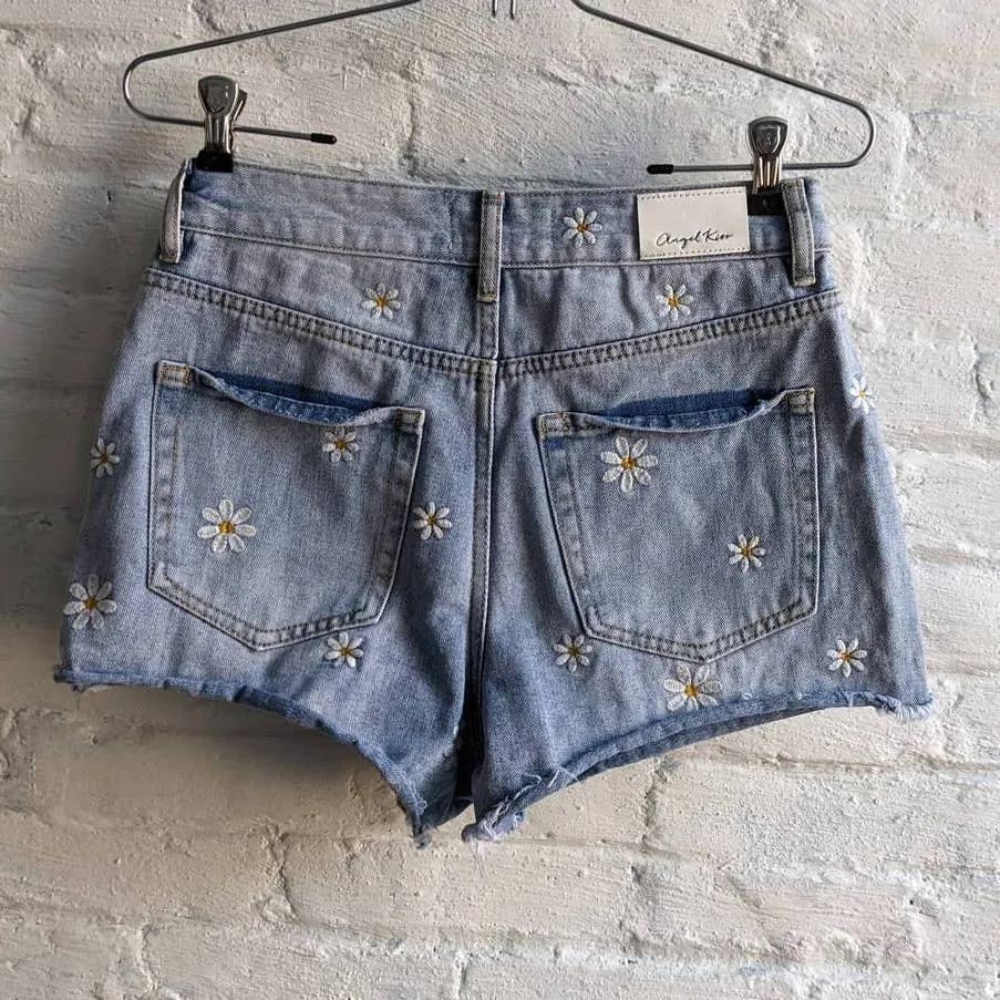 Retro Embroidered Distressed Denim Shorts Daisy Dukes Boho Floral Jean Cutoffs