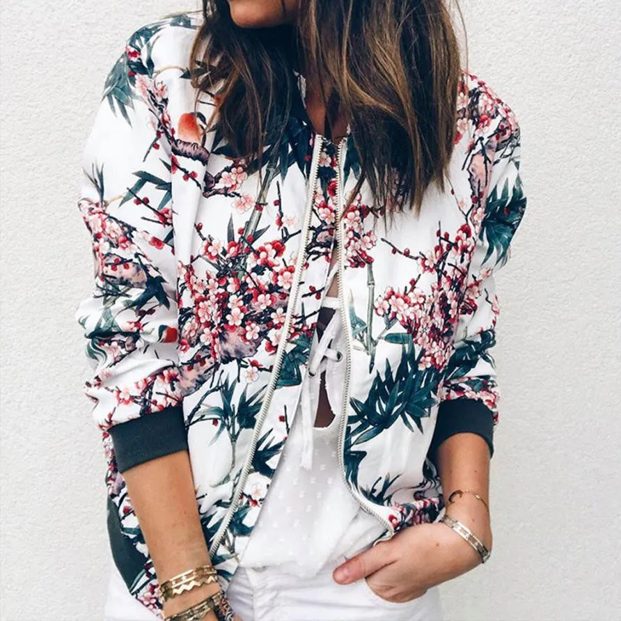 Retro Floral Zipper Up Bomber Jackets