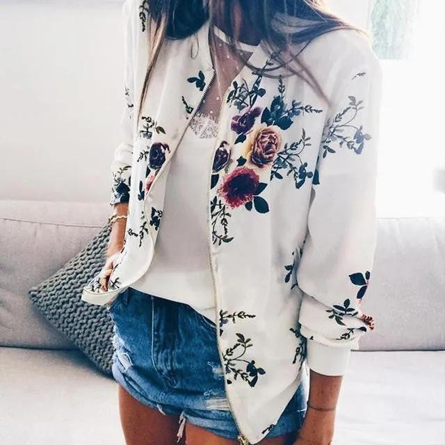 Retro Floral Zipper Up Bomber Jackets